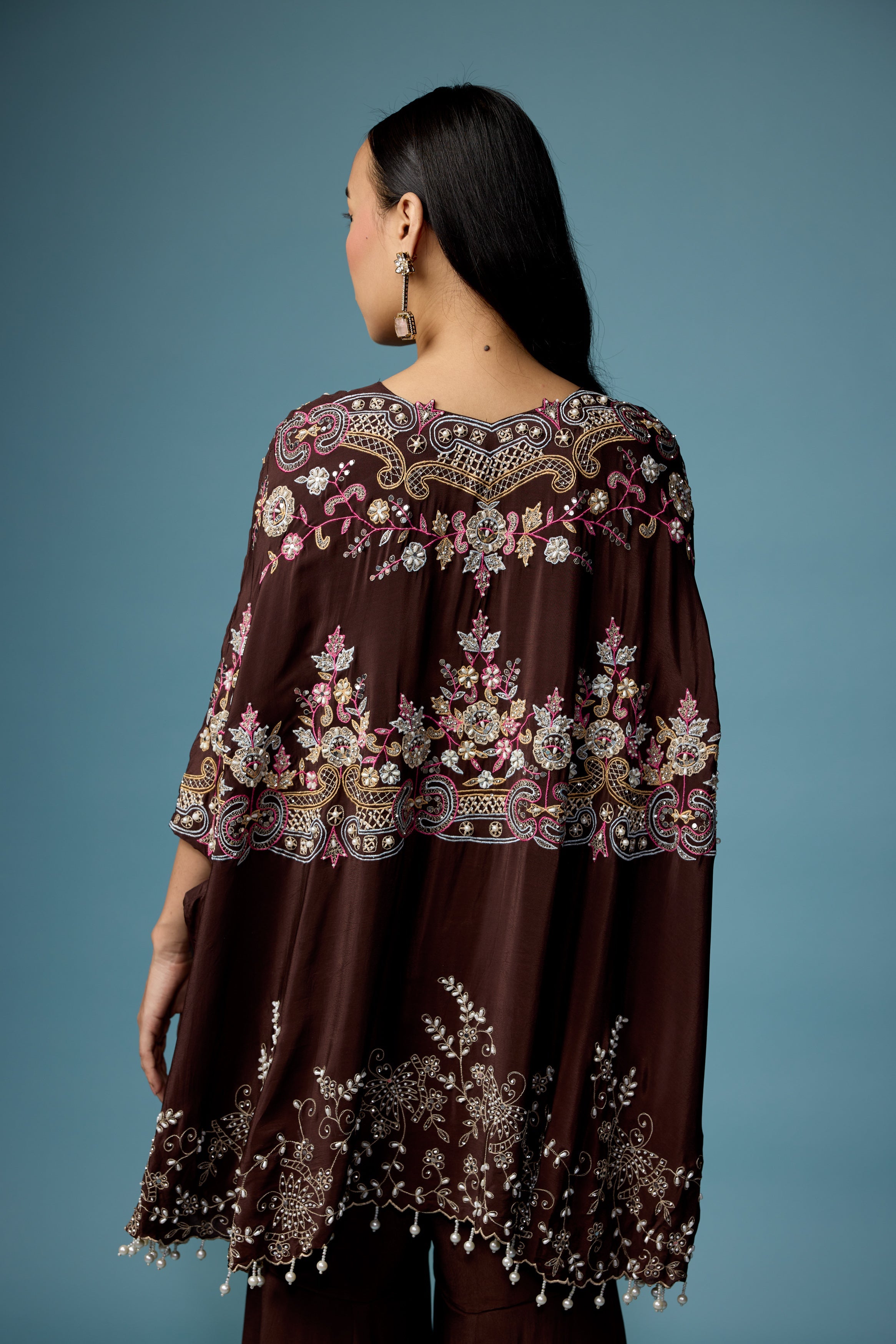 Dark Brown Embellished Silk Kaftan Set
