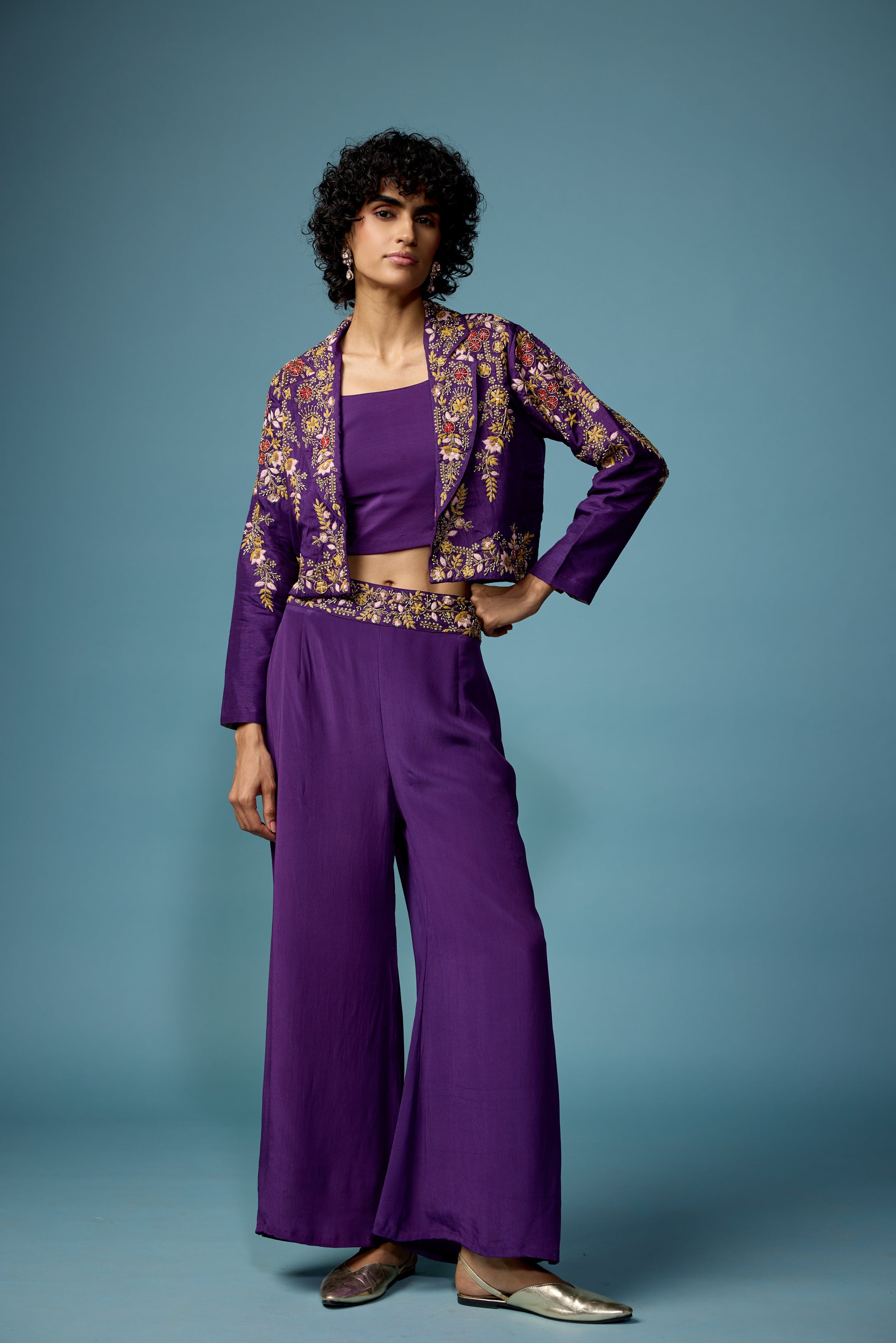 Royal Purple Embellished Raw Silk Co-Ord Set