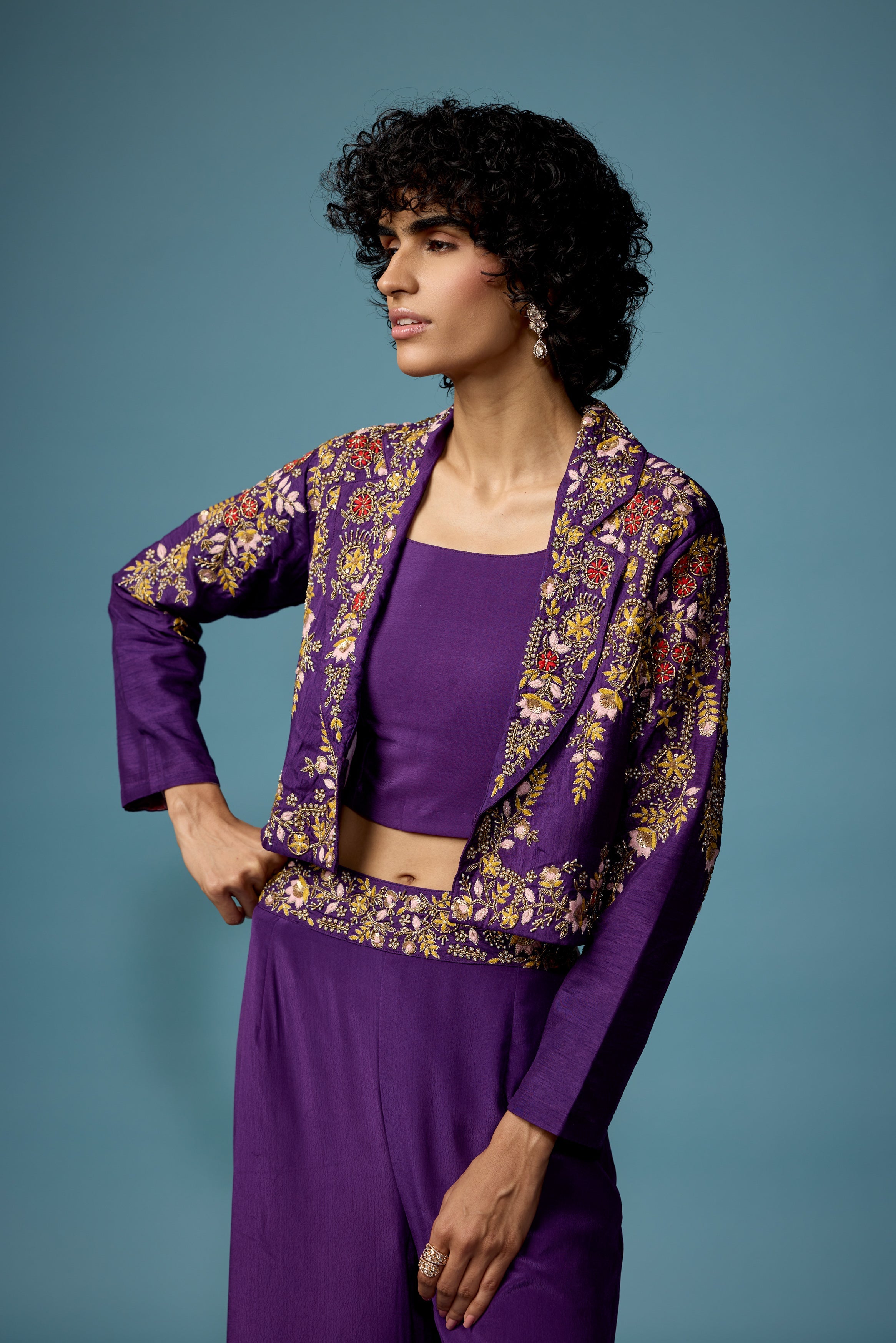Royal Purple Embellished Raw Silk Co-Ord Set