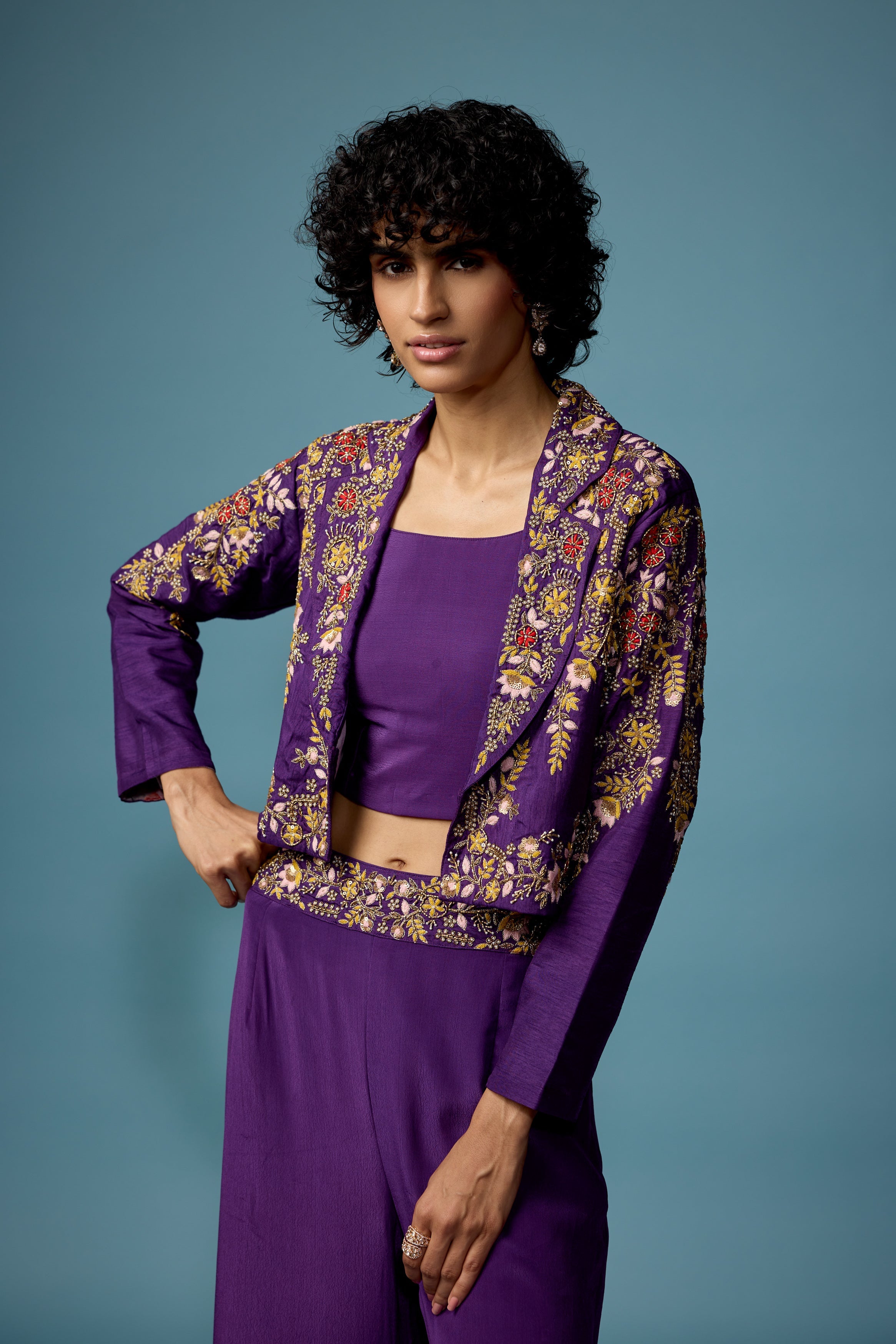 Royal Purple Embellished Raw Silk Co-Ord Set