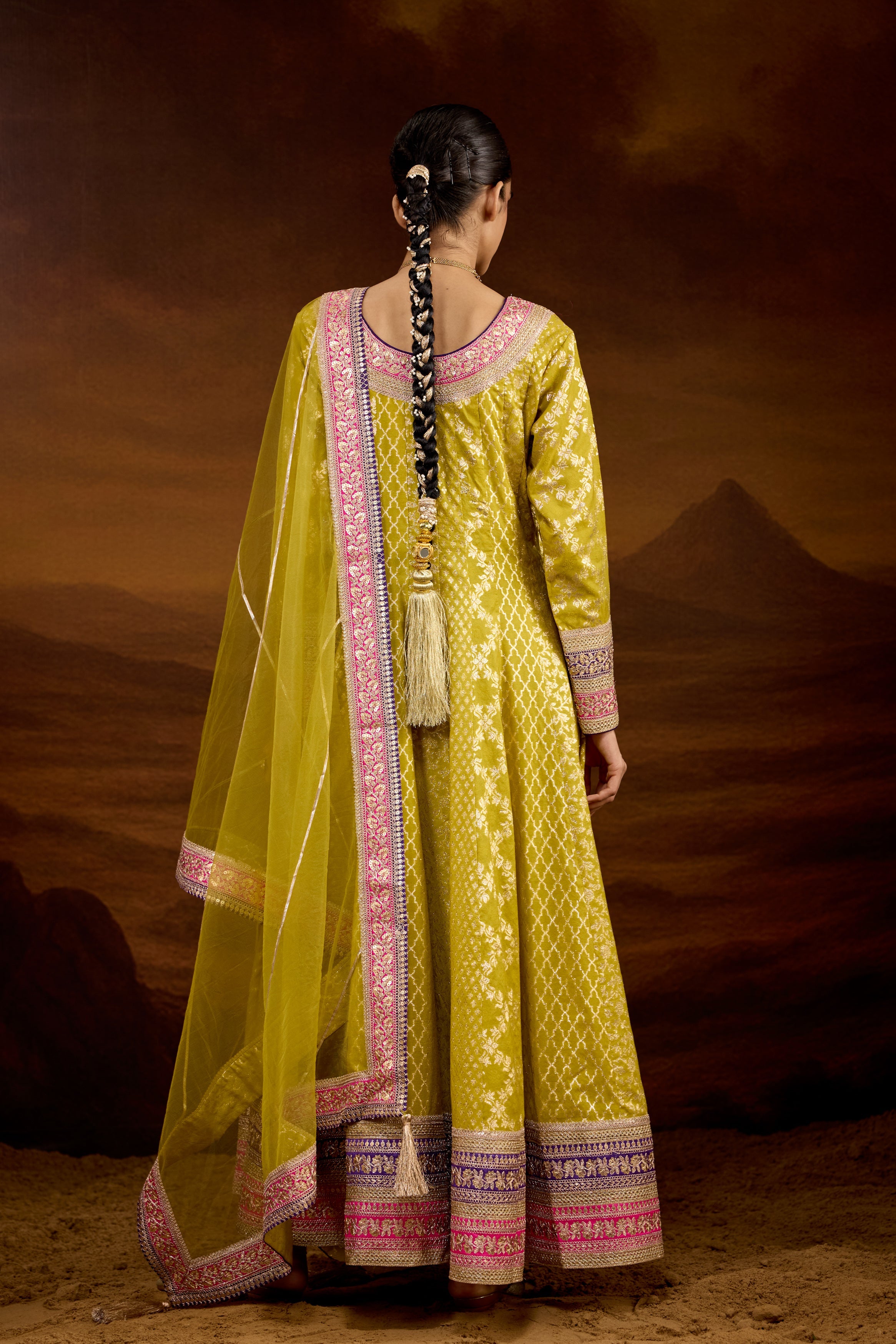 Lime Green Embellished Brocade Silk Anarkali Set
