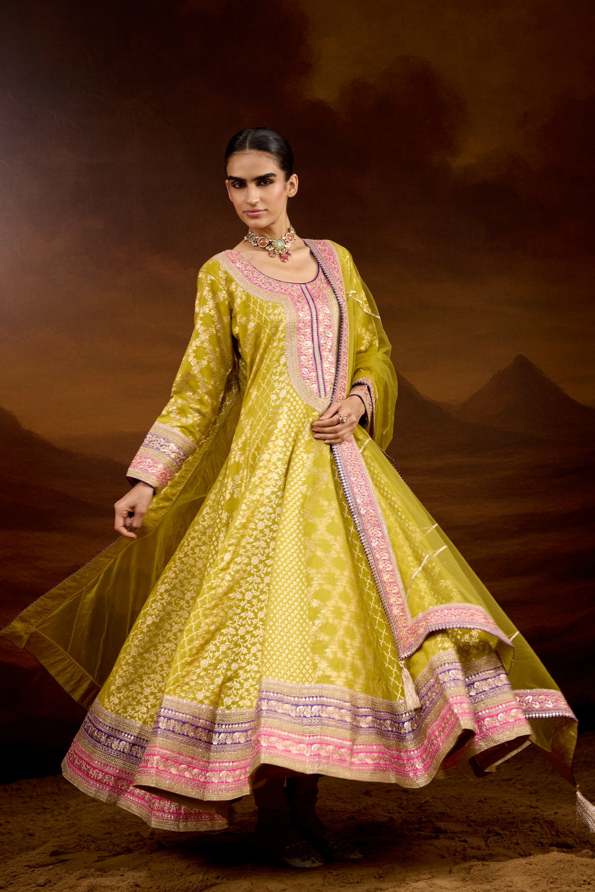 Lime Green Embellished Brocade Silk Anarkali Set