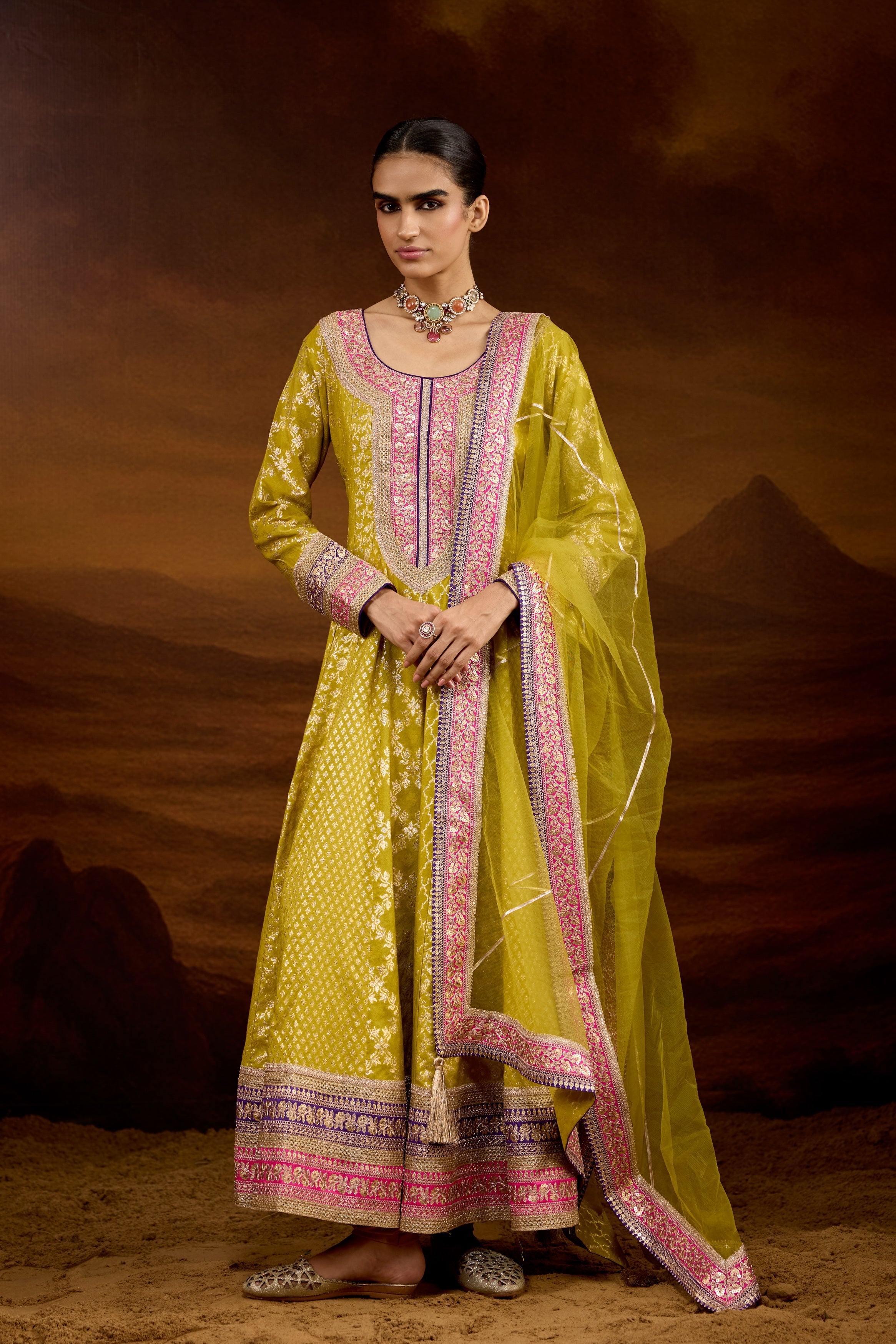 Lime Green Embellished Brocade Silk Anarkali Set