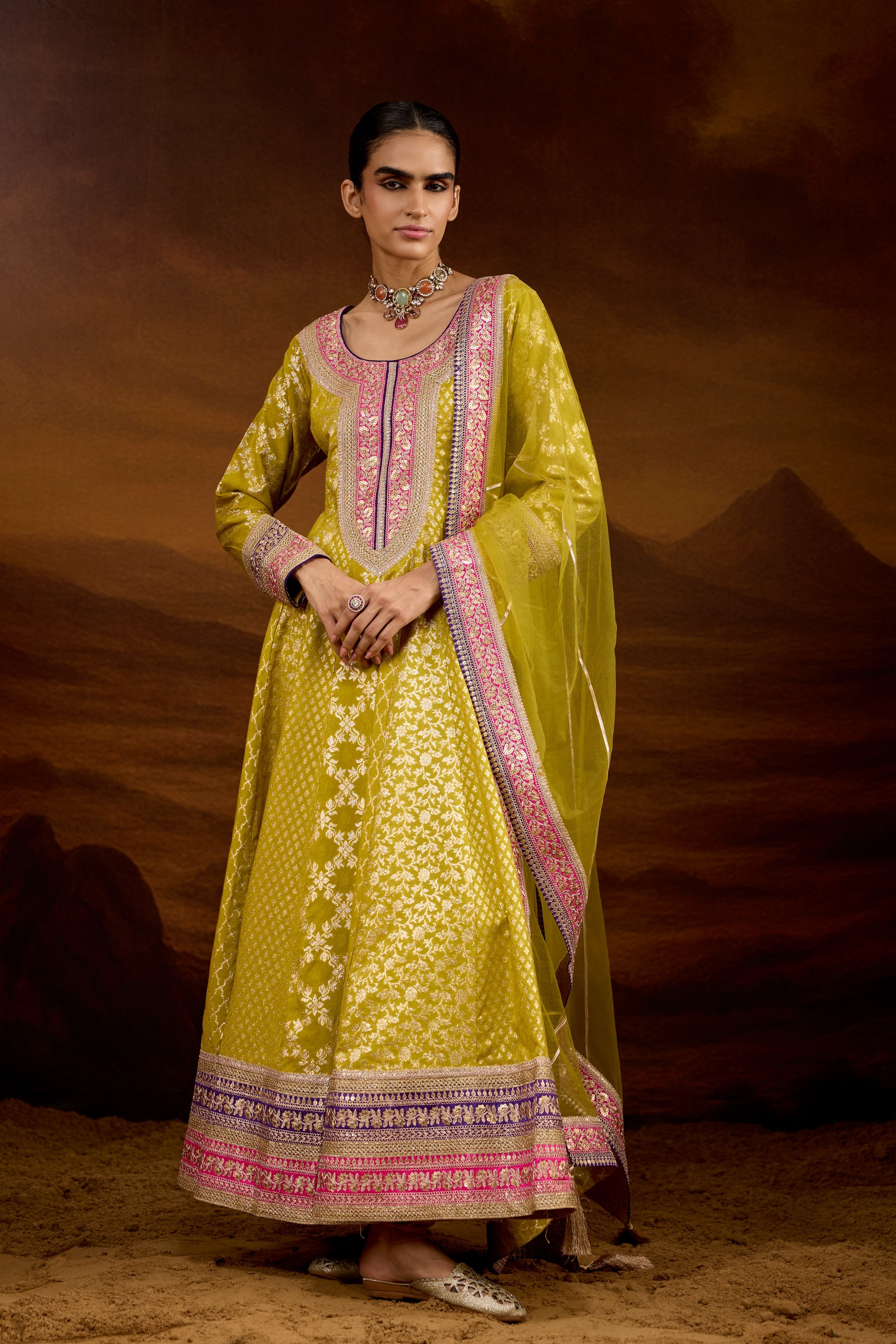 Lime Green Embellished Brocade Silk Anarkali Set