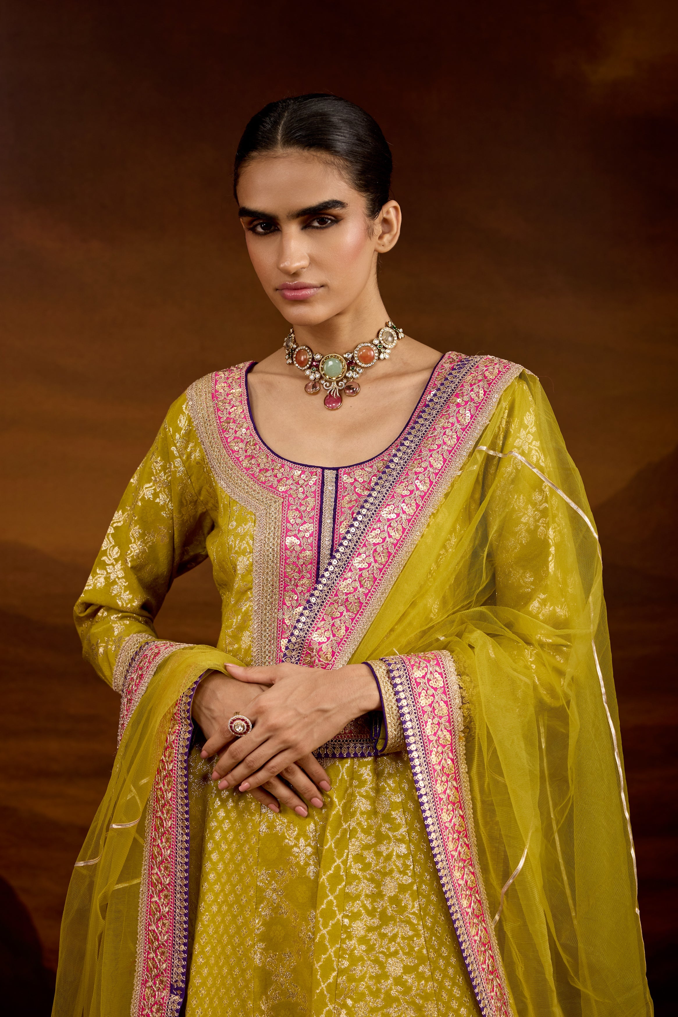Lime Green Embellished Brocade Silk Anarkali Set