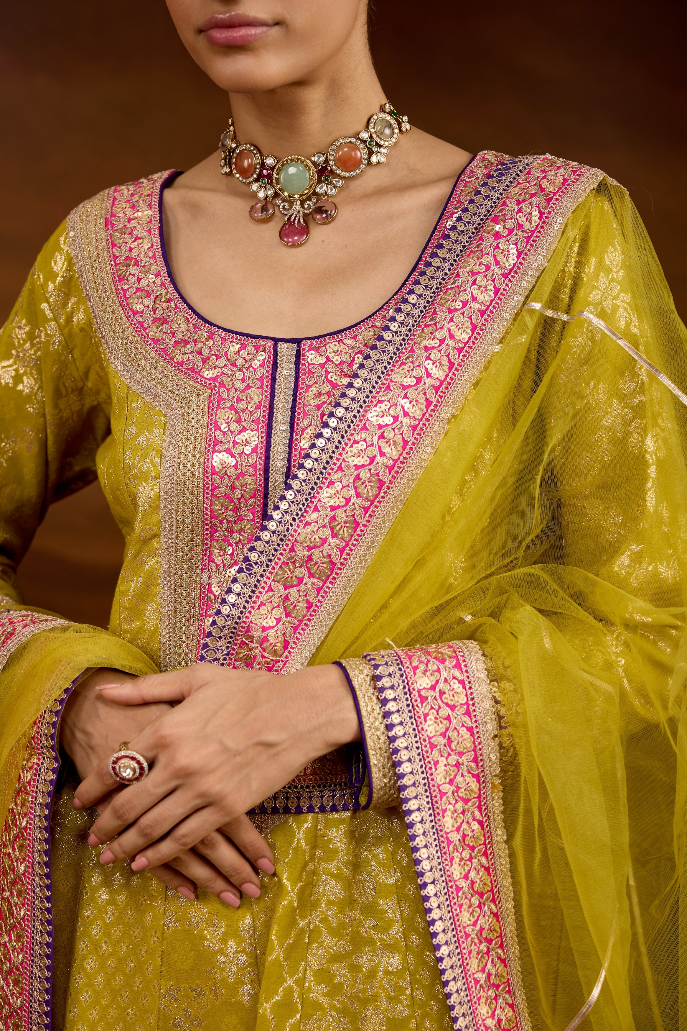 Lime Green Embellished Brocade Silk Anarkali Set