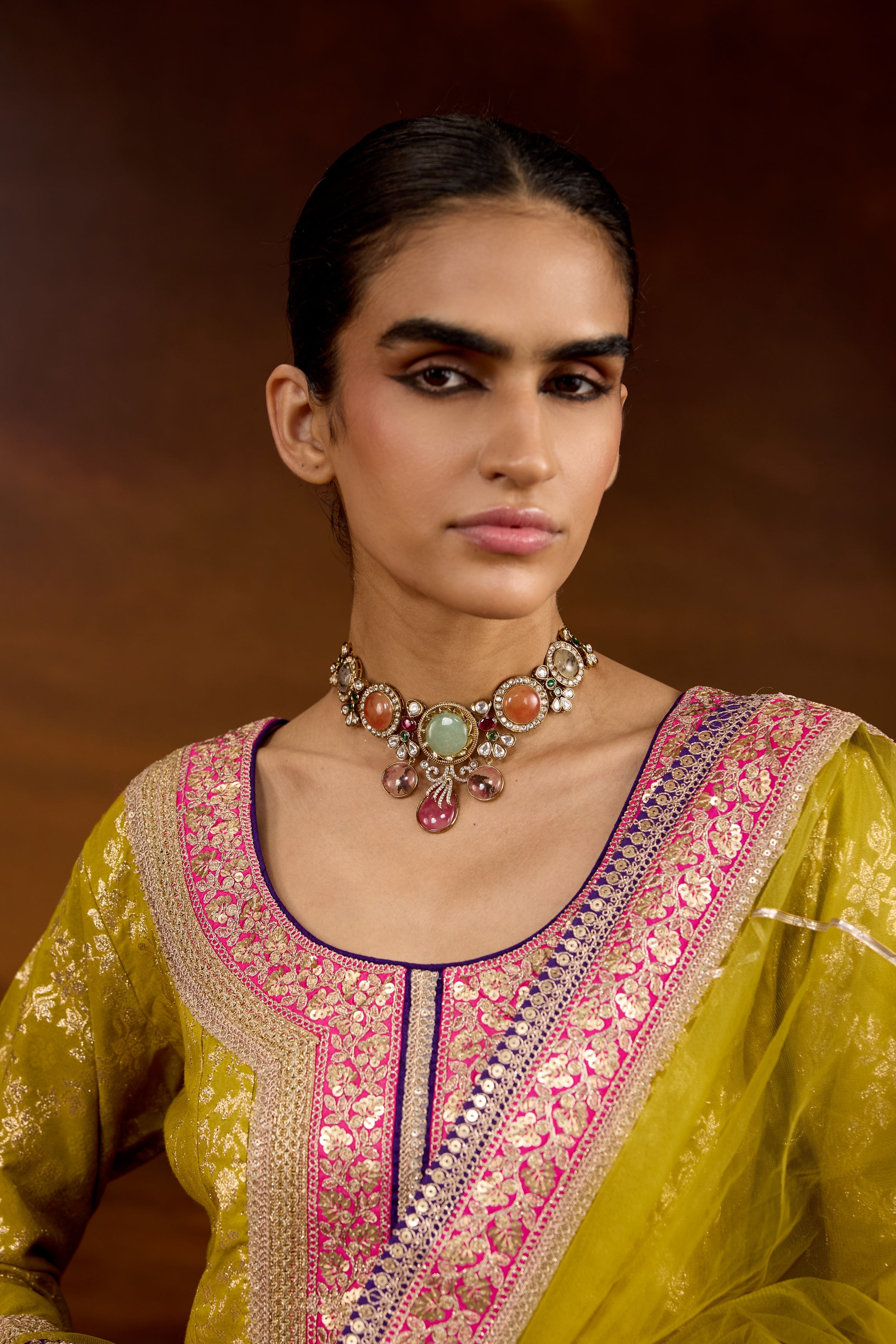 Lime Green Embellished Brocade Silk Anarkali Set