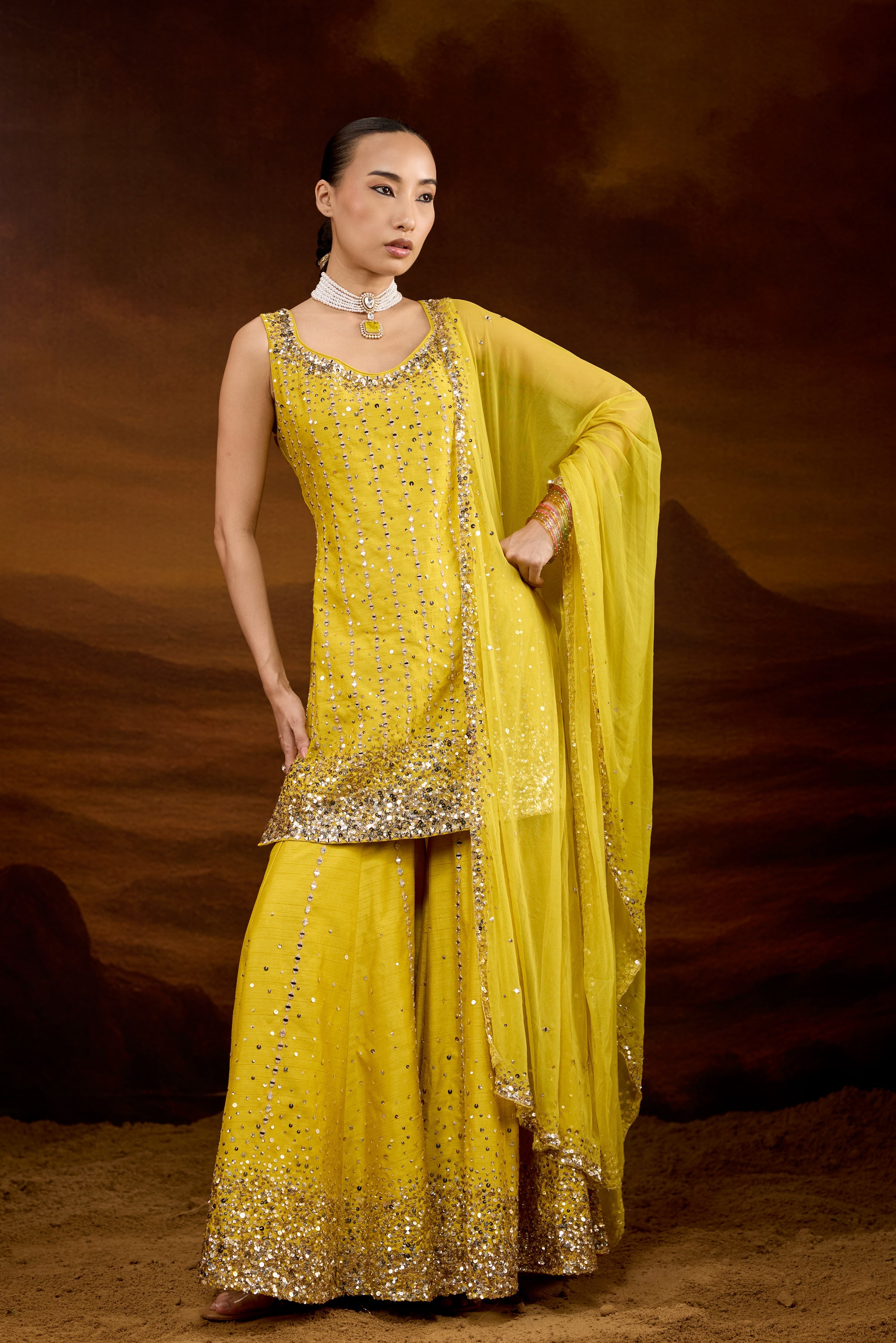 Vibrant Yellow Embellished Raw Silk Sharara Set