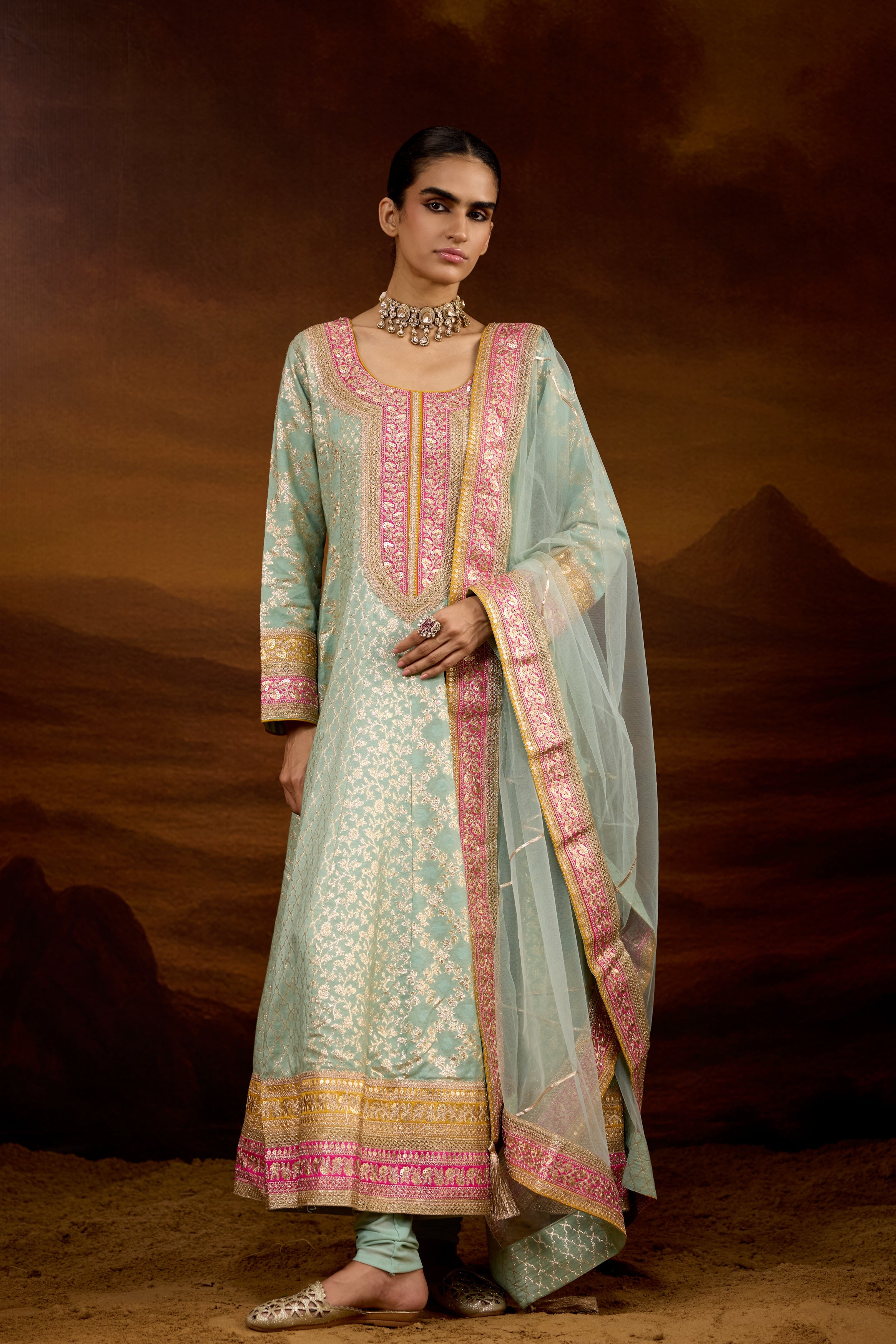 Mint Green Embellished Brocade Silk Anarkali Set