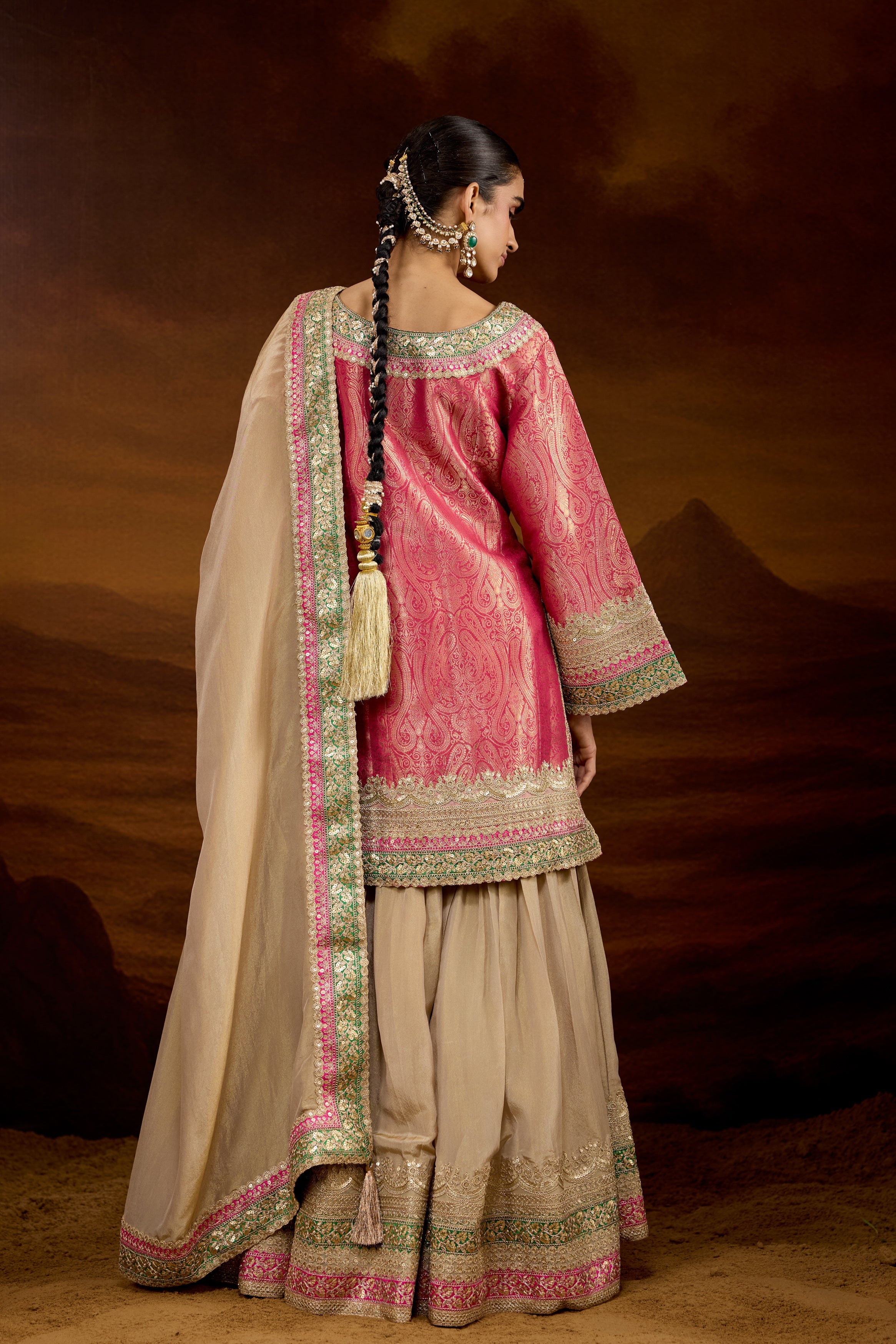 Hot Pink Embellished Brocade Silk Sharara Set