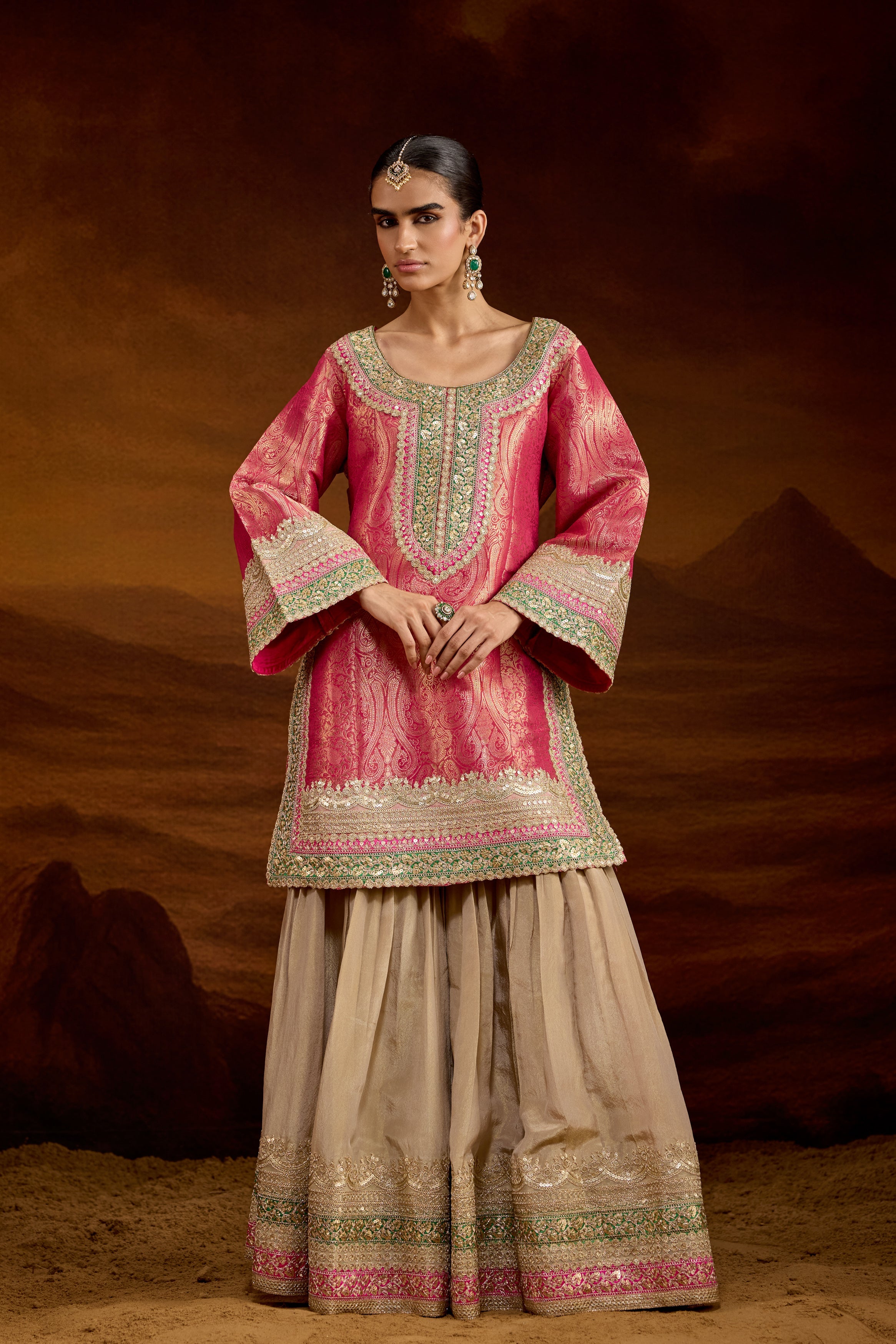 Hot Pink Embellished Brocade Silk Sharara Set