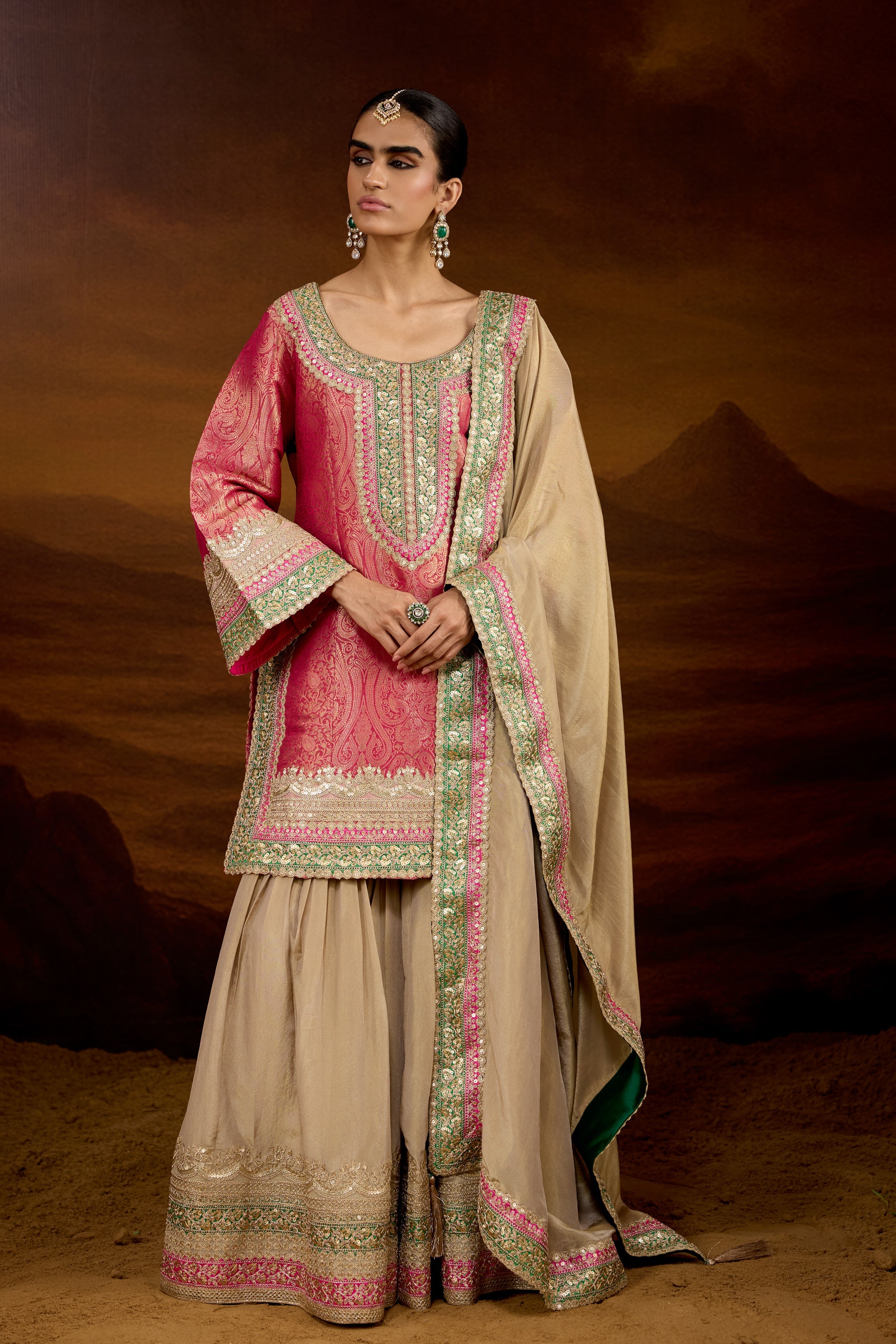 Hot Pink Embellished Brocade Silk Sharara Set