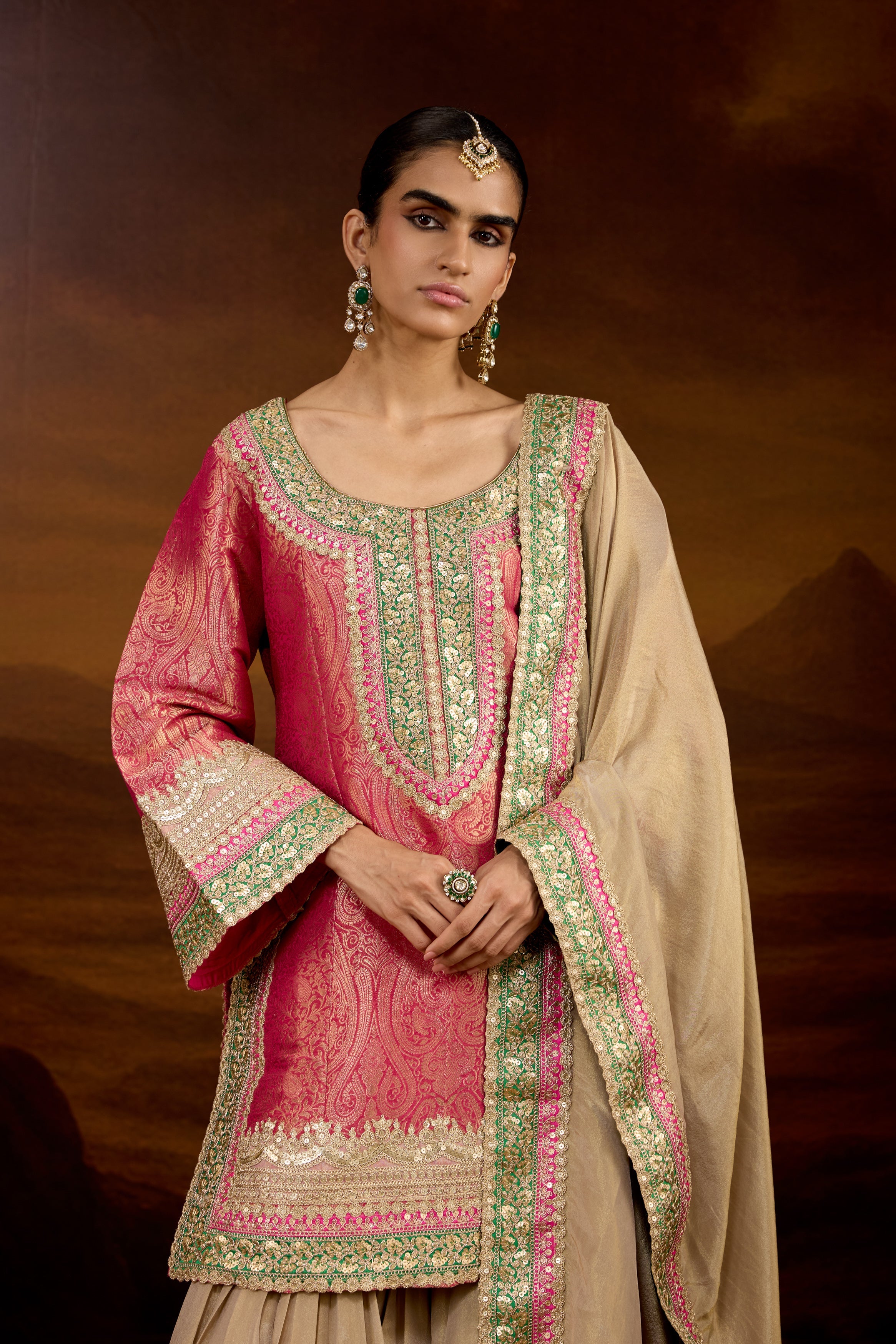 Hot Pink Embellished Brocade Silk Sharara Set