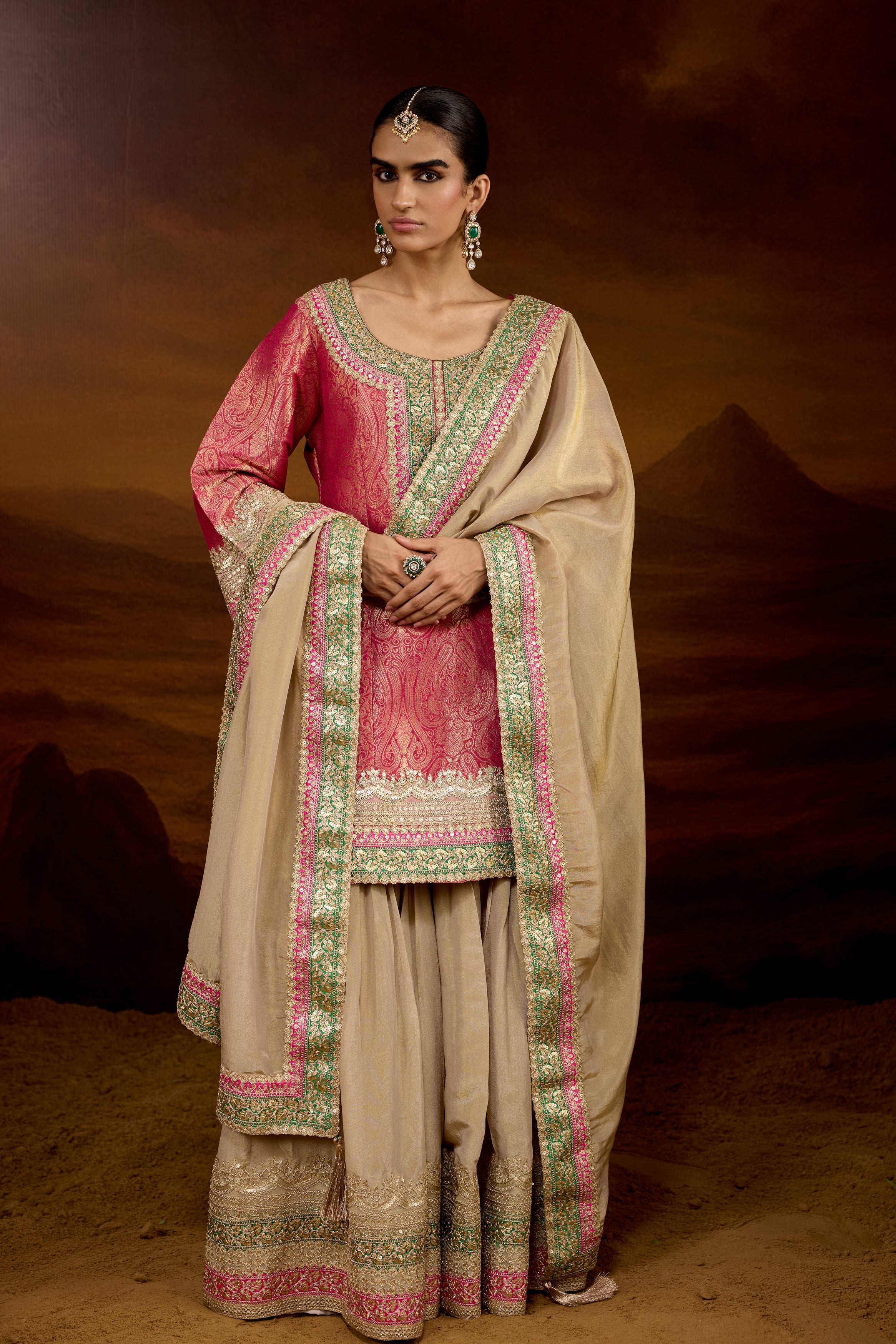 Hot Pink Embellished Brocade Silk Sharara Set