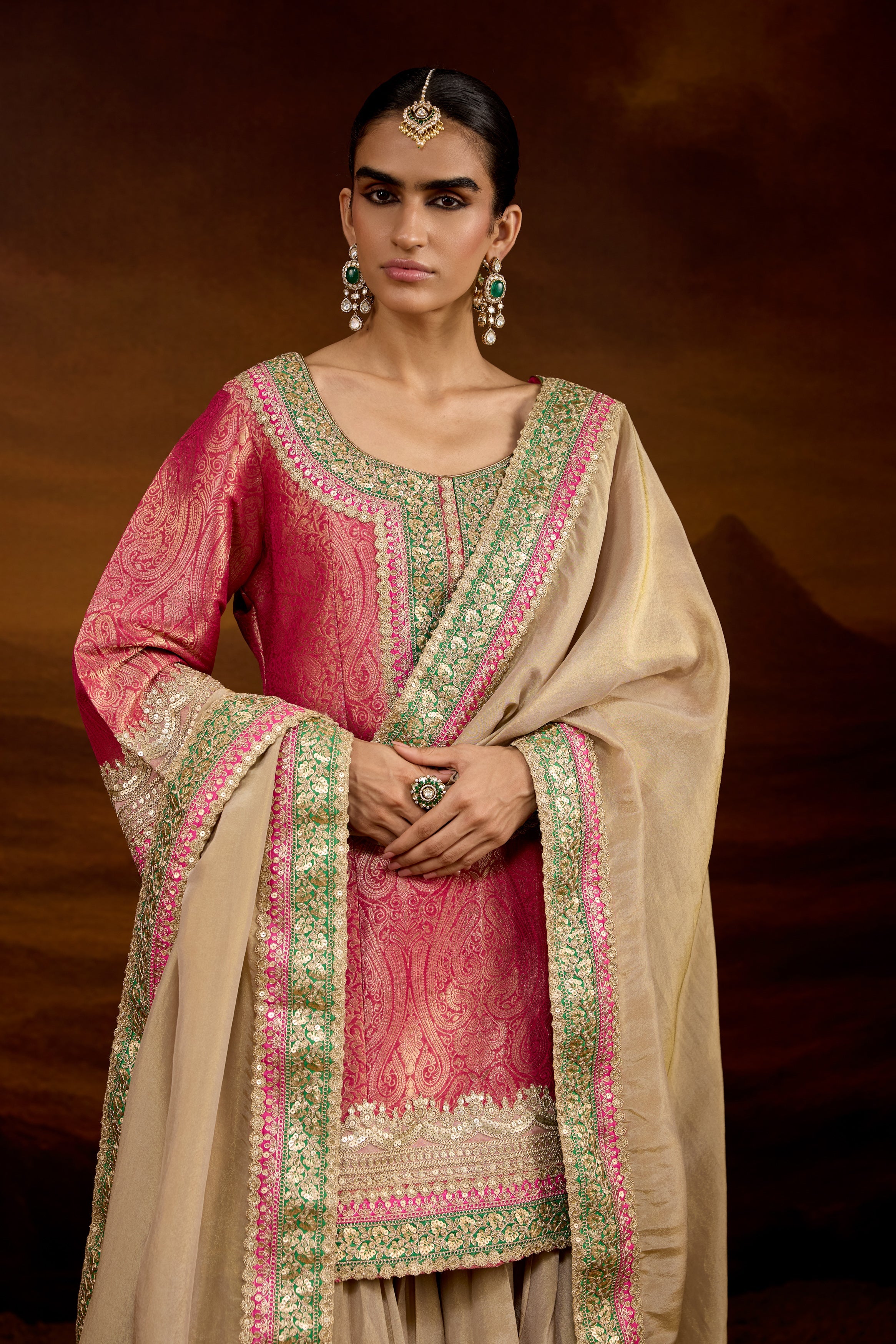 Hot Pink Embellished Brocade Silk Sharara Set