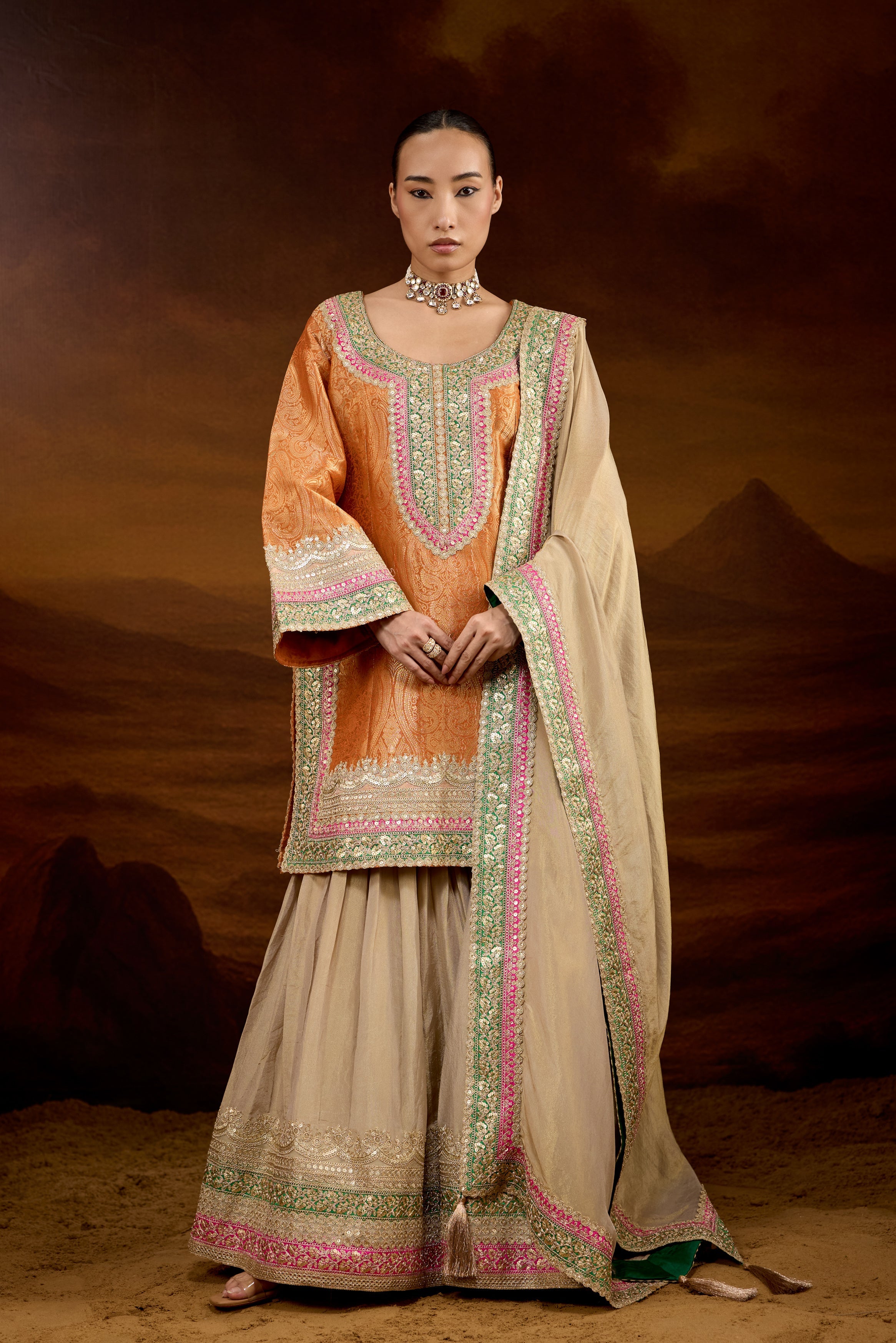 Hot Orange Embellished Brocade Silk Sharara Set