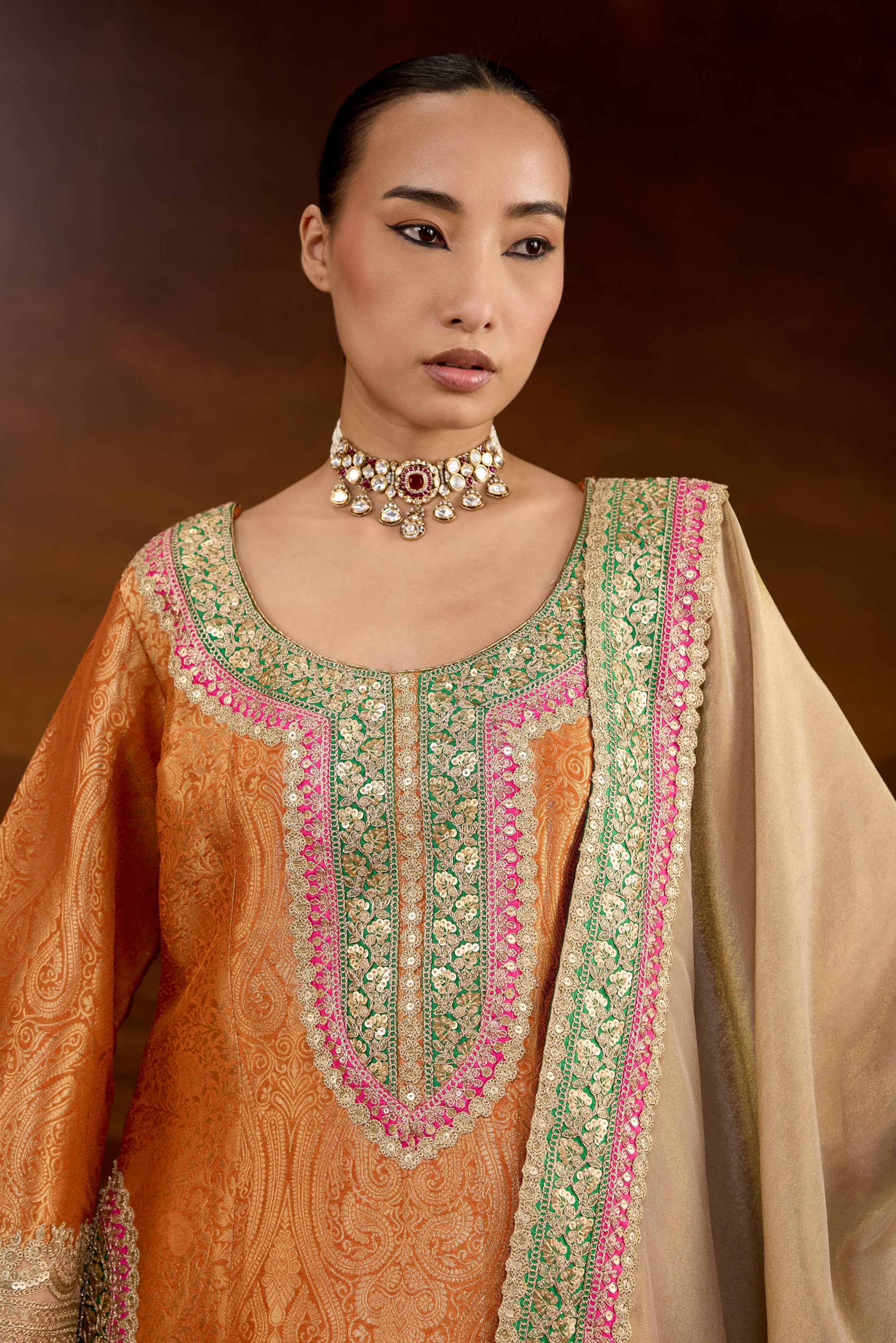 Hot Orange Embellished Brocade Silk Sharara Set