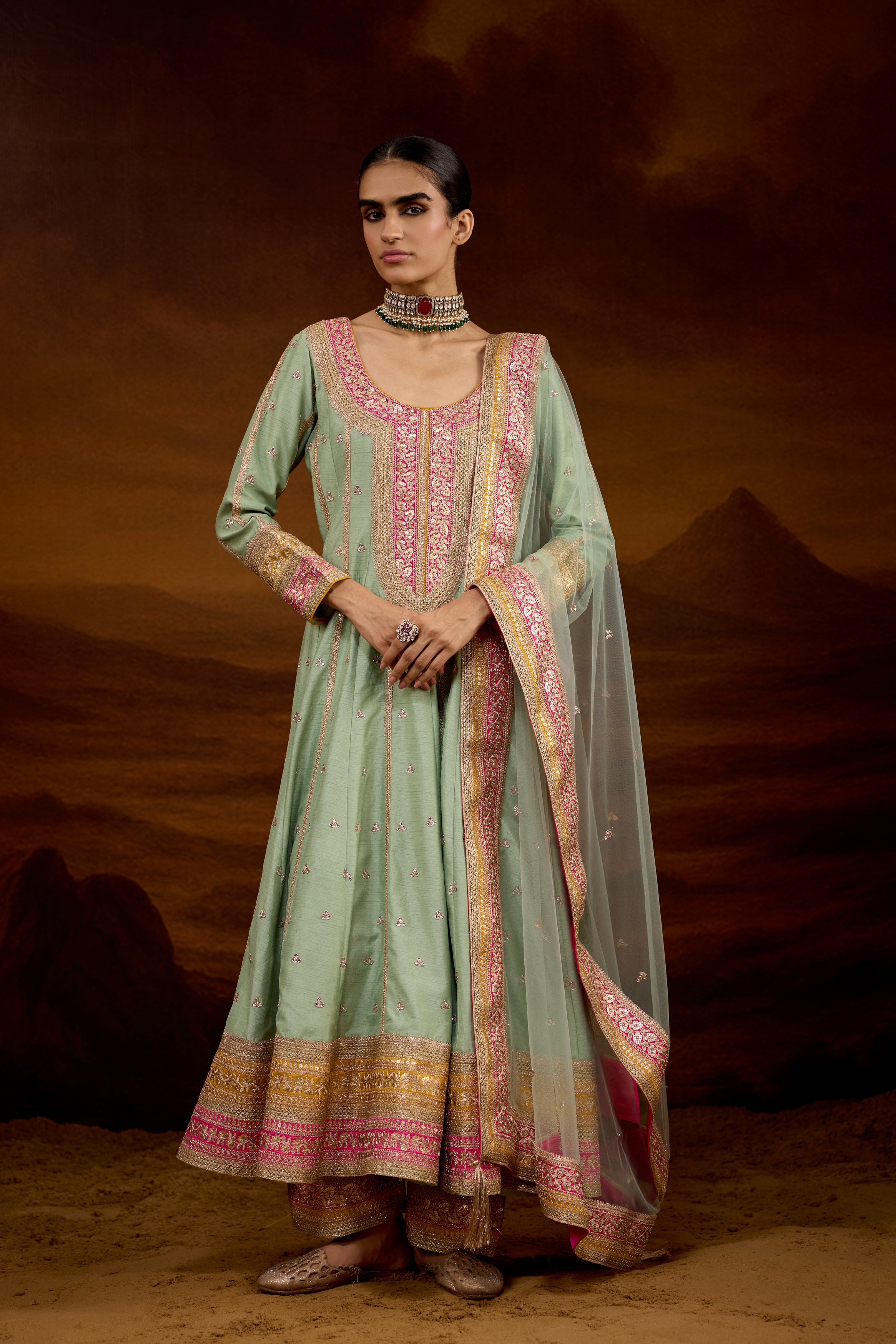Sage Green Embellished Raw Silk Anarkali Set