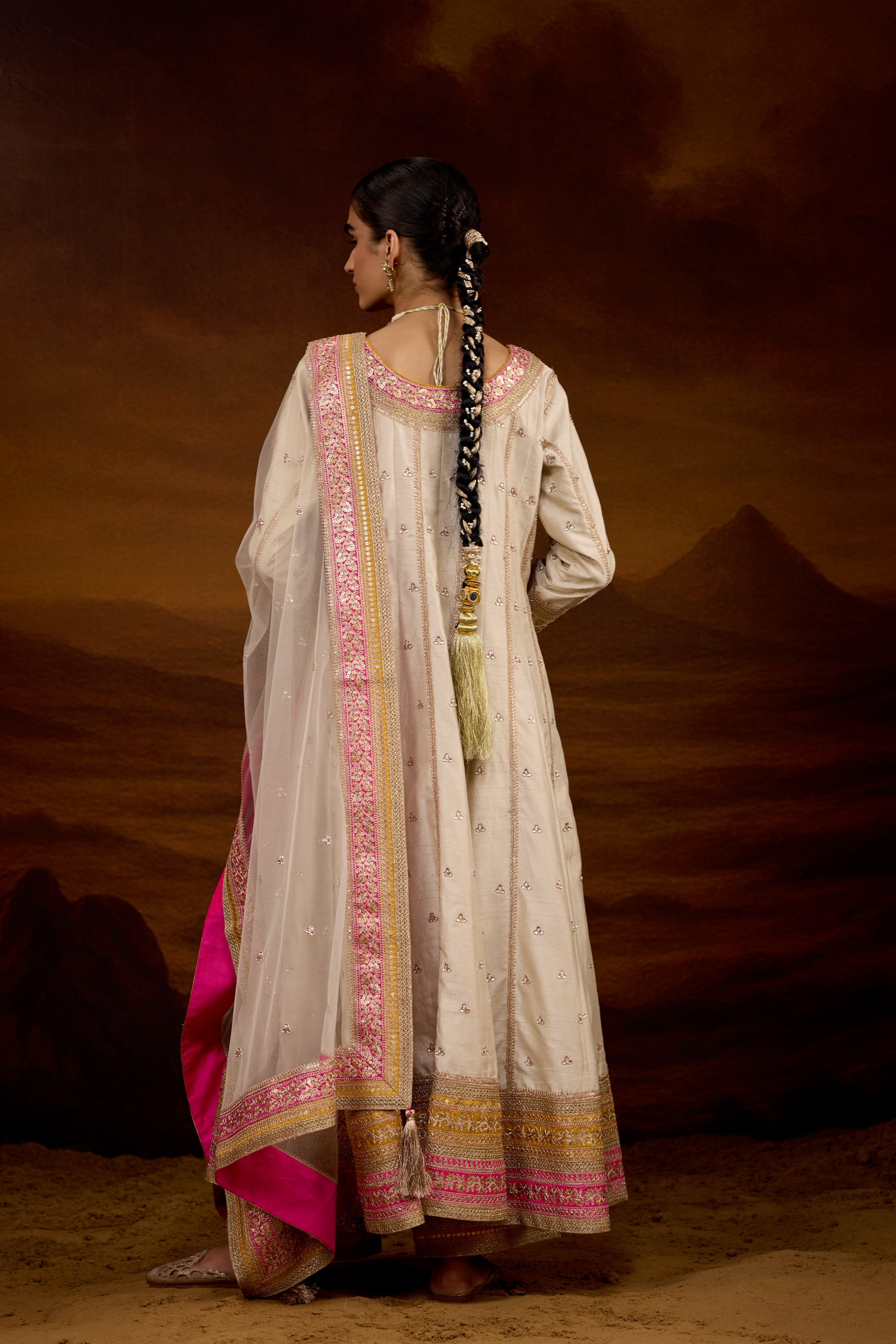 Light Beige Embellished Raw Silk Anarkali Set