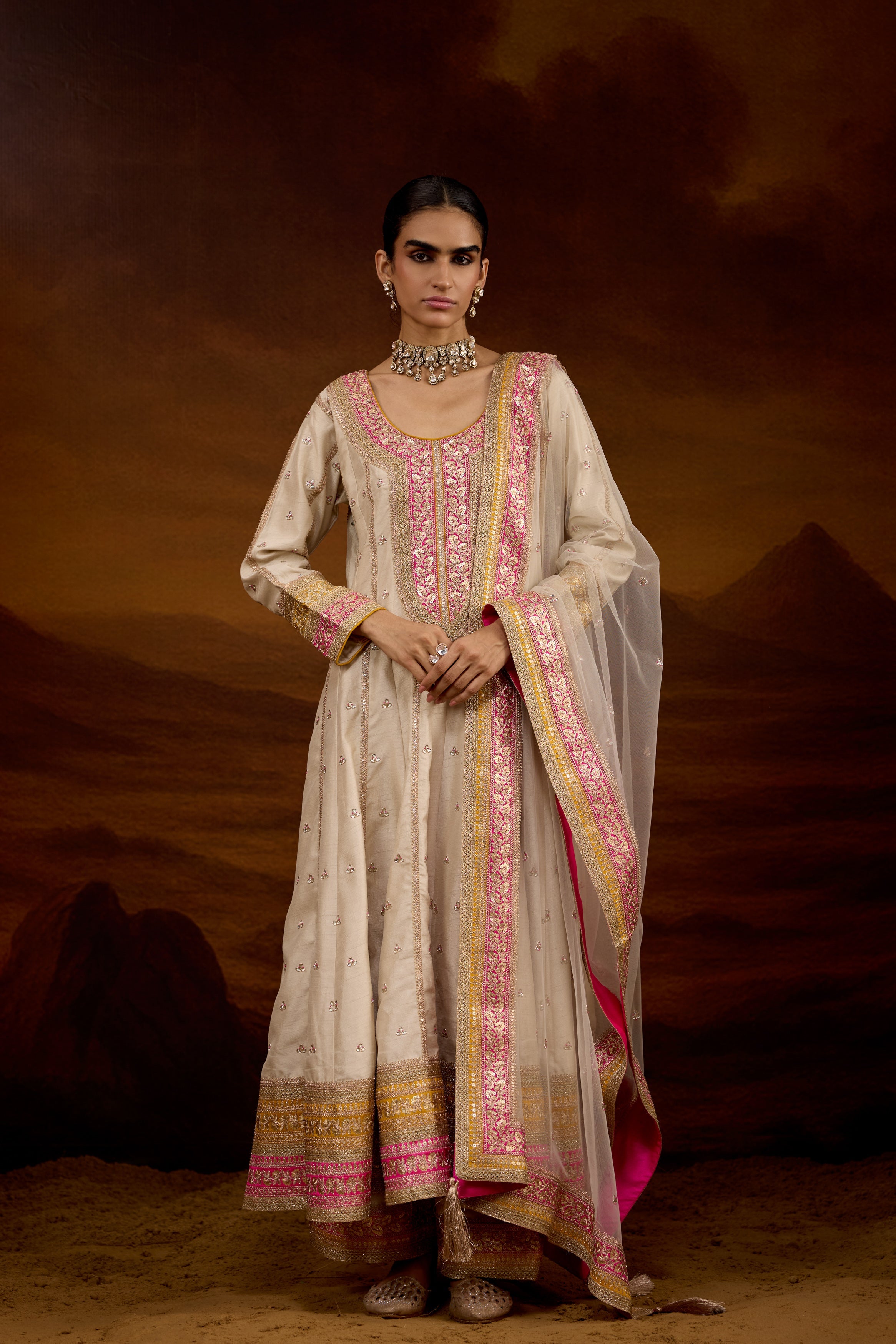 Light Beige Embellished Raw Silk Anarkali Set