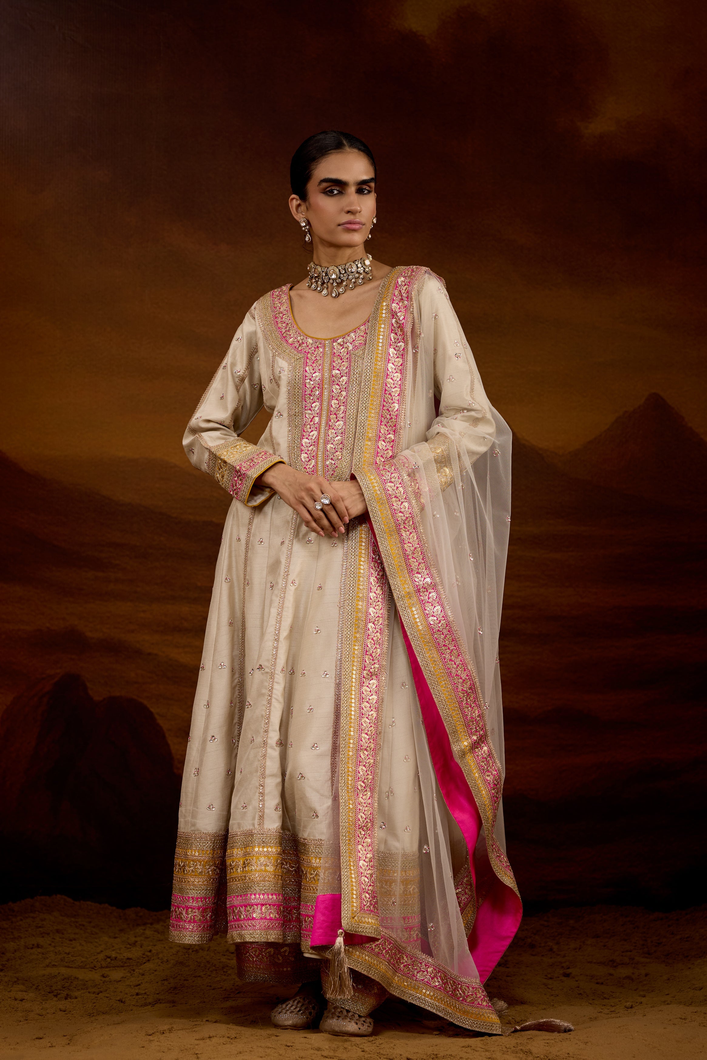 Light Beige Embellished Raw Silk Anarkali Set