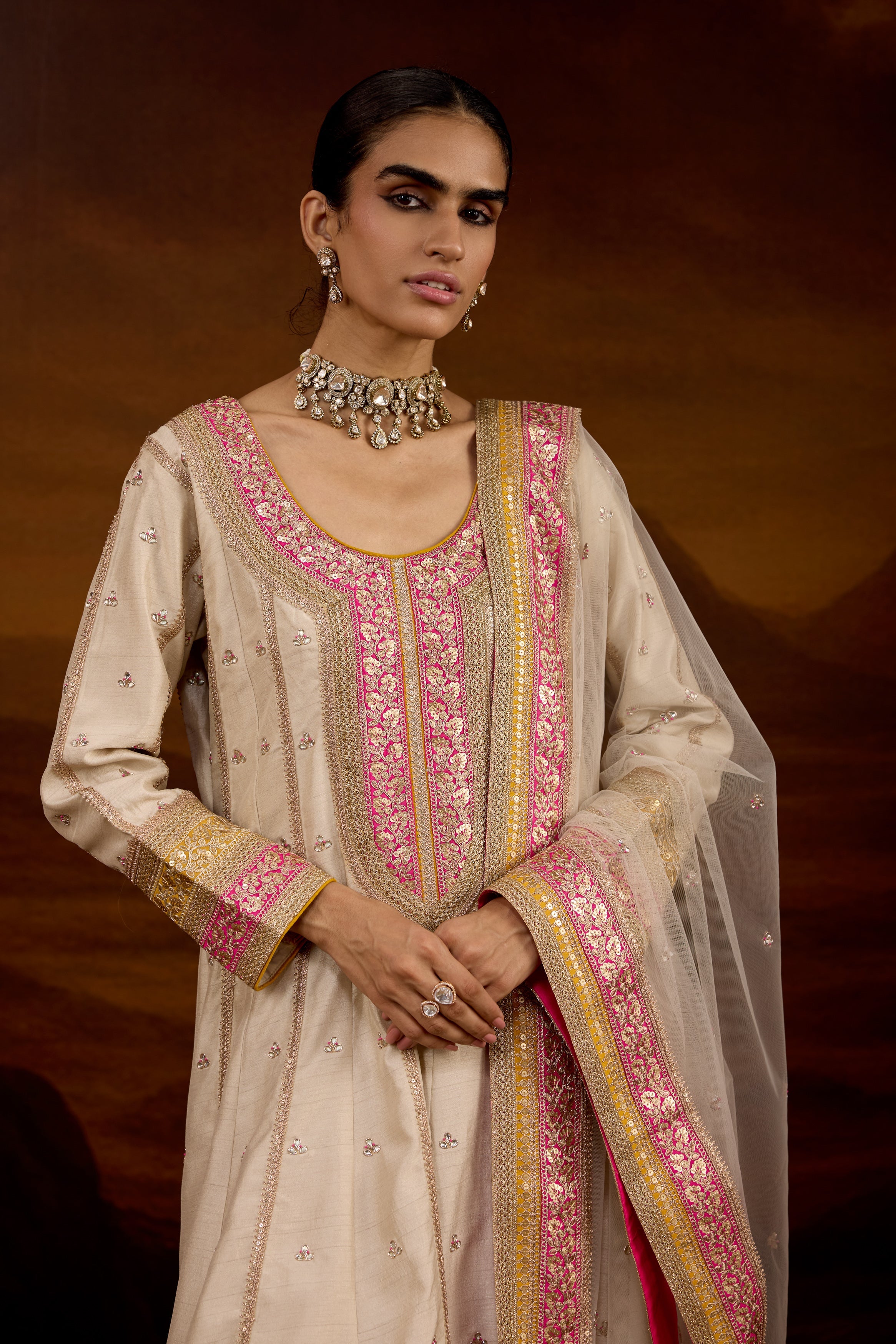 Light Beige Embellished Raw Silk Anarkali Set