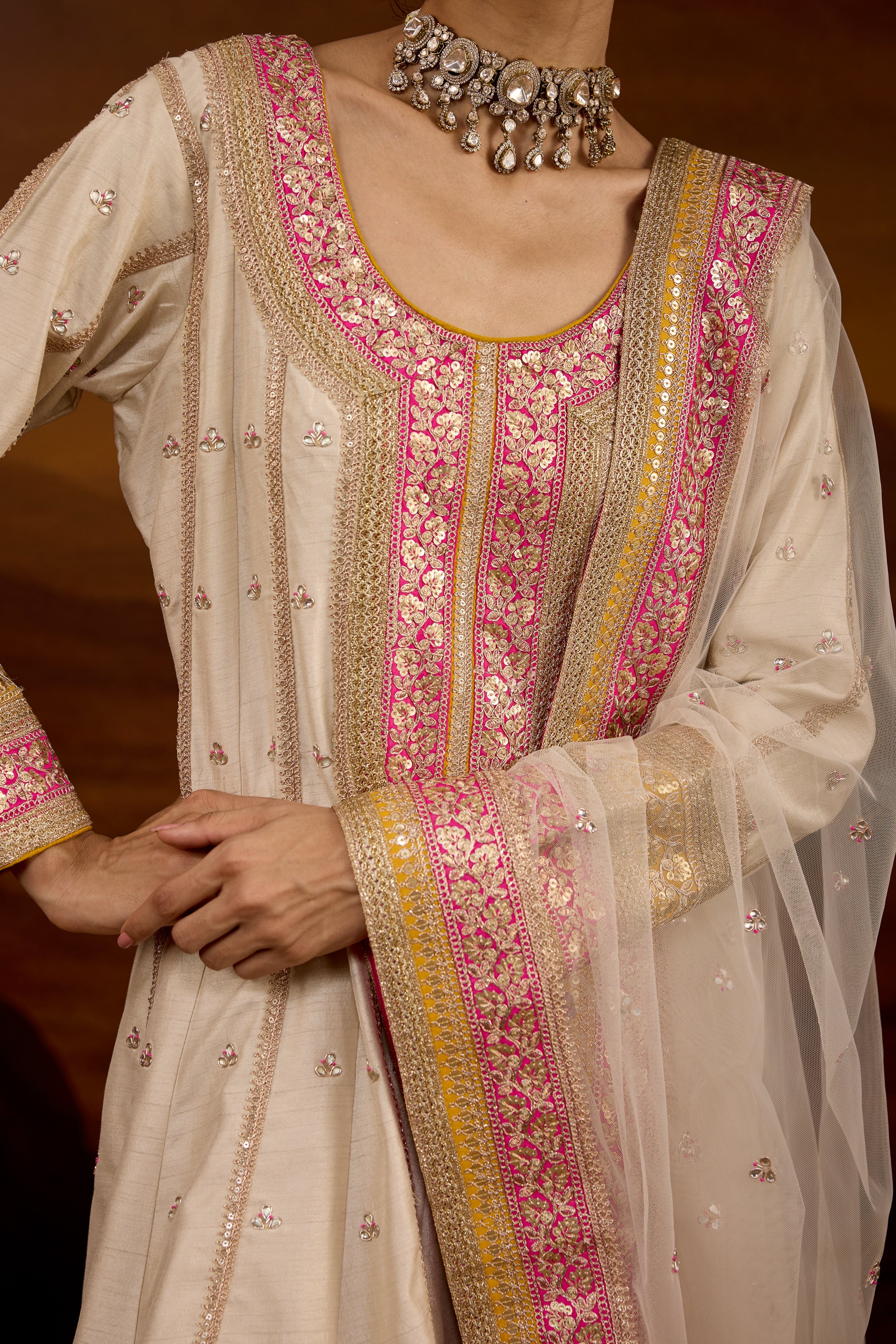 Light Beige Embellished Raw Silk Anarkali Set