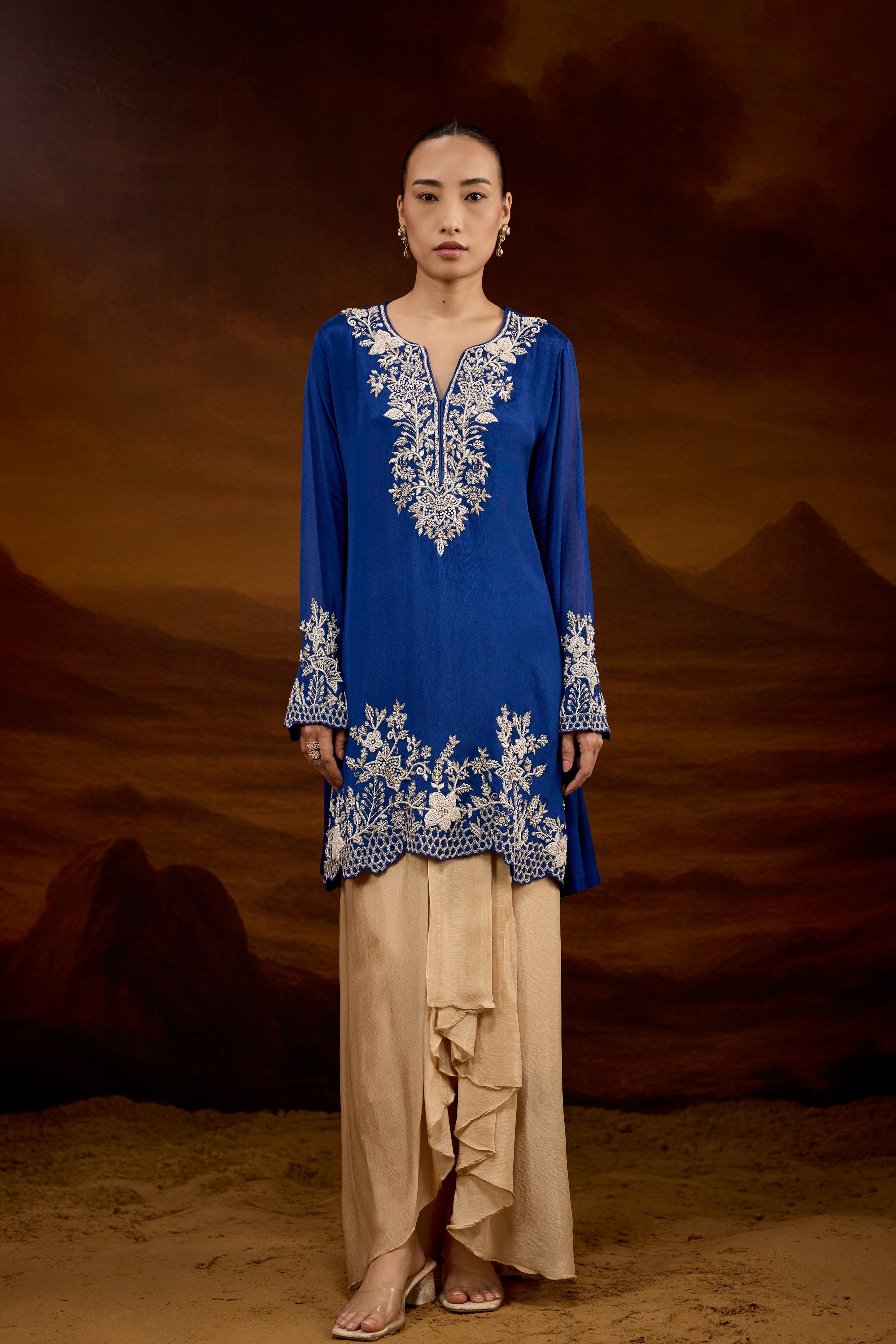 Royal Blue Embellished Chinon Silk Skirt Set