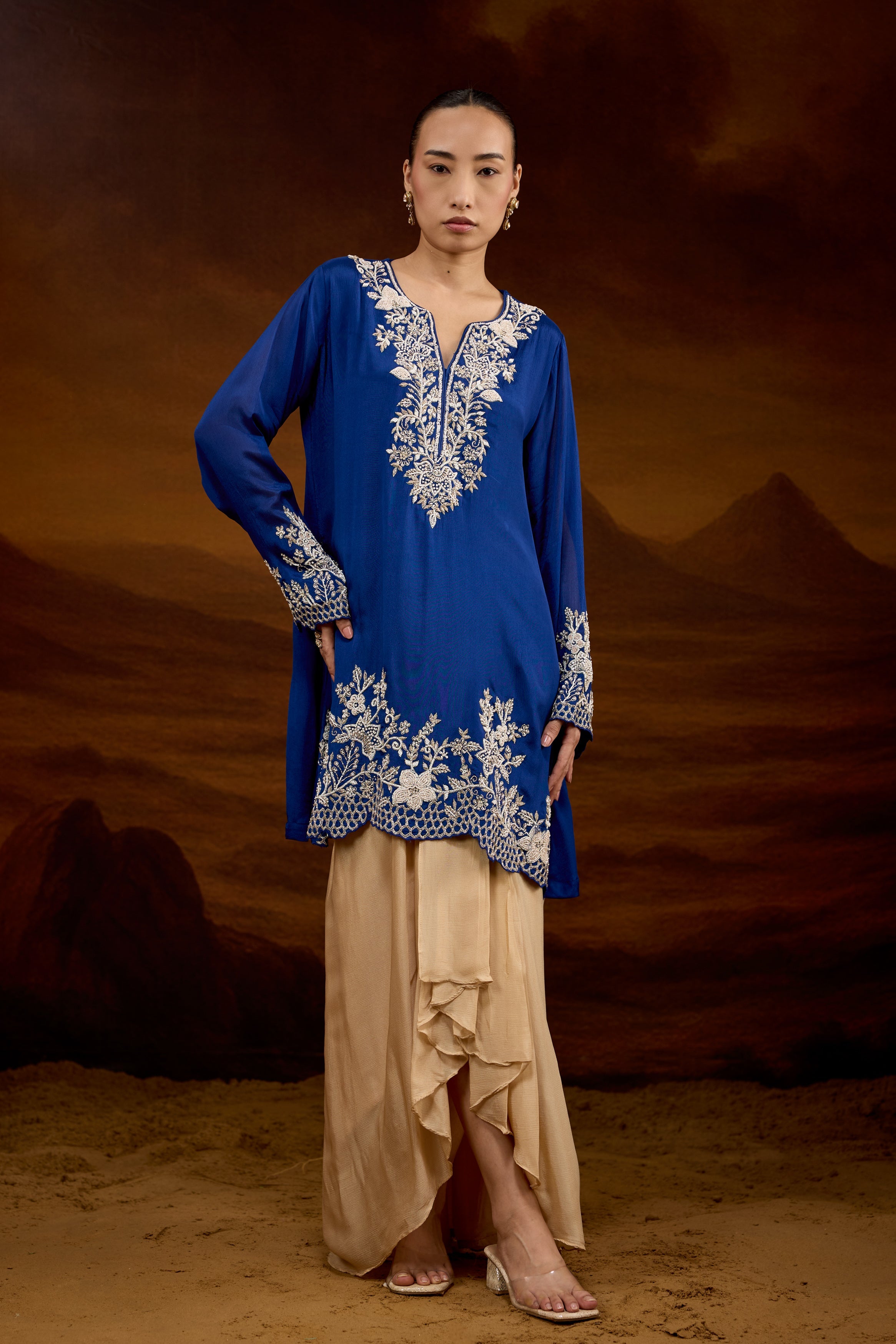 Royal Blue Embellished Chinon Silk Skirt Set