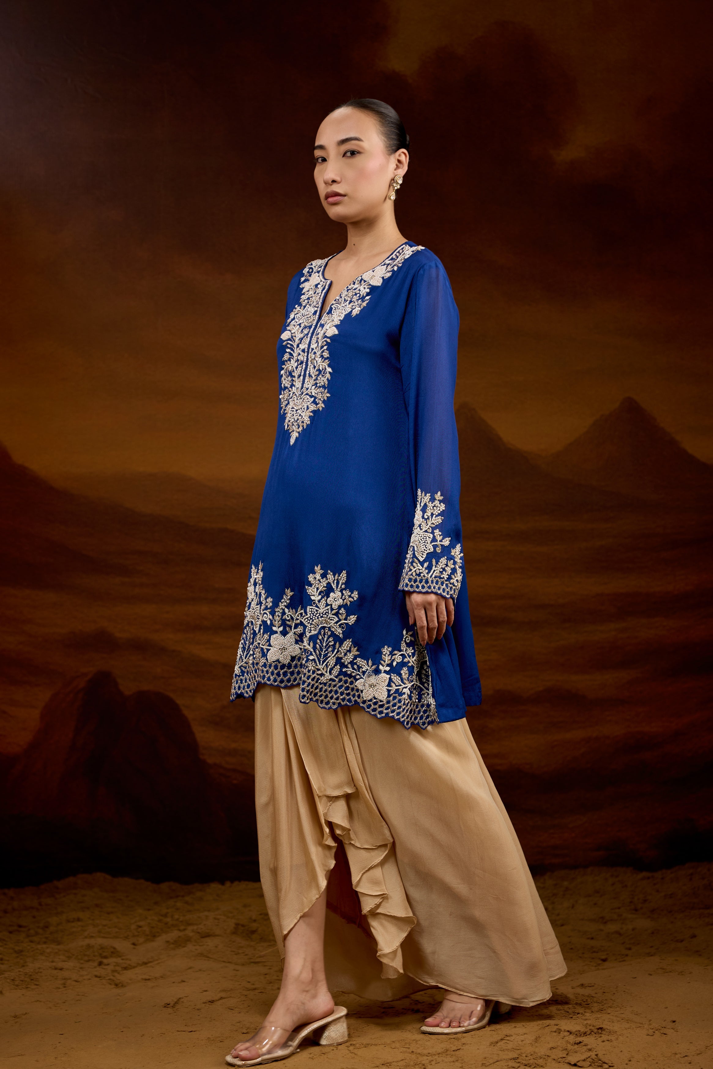 Royal Blue Embellished Chinon Silk Skirt Set