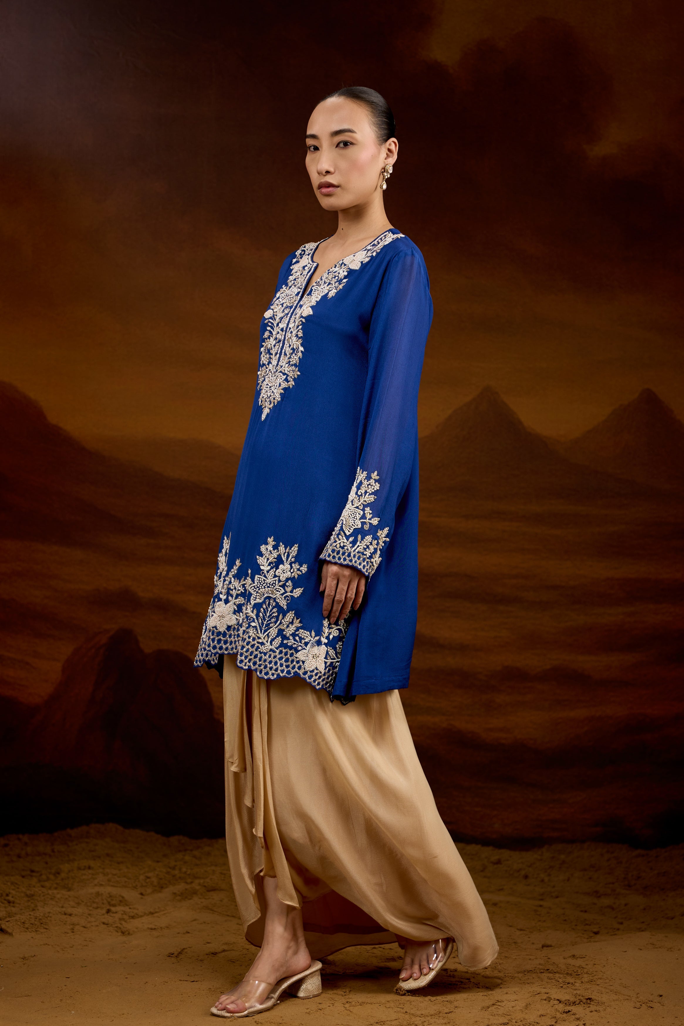 Royal Blue Embellished Chinon Silk Skirt Set