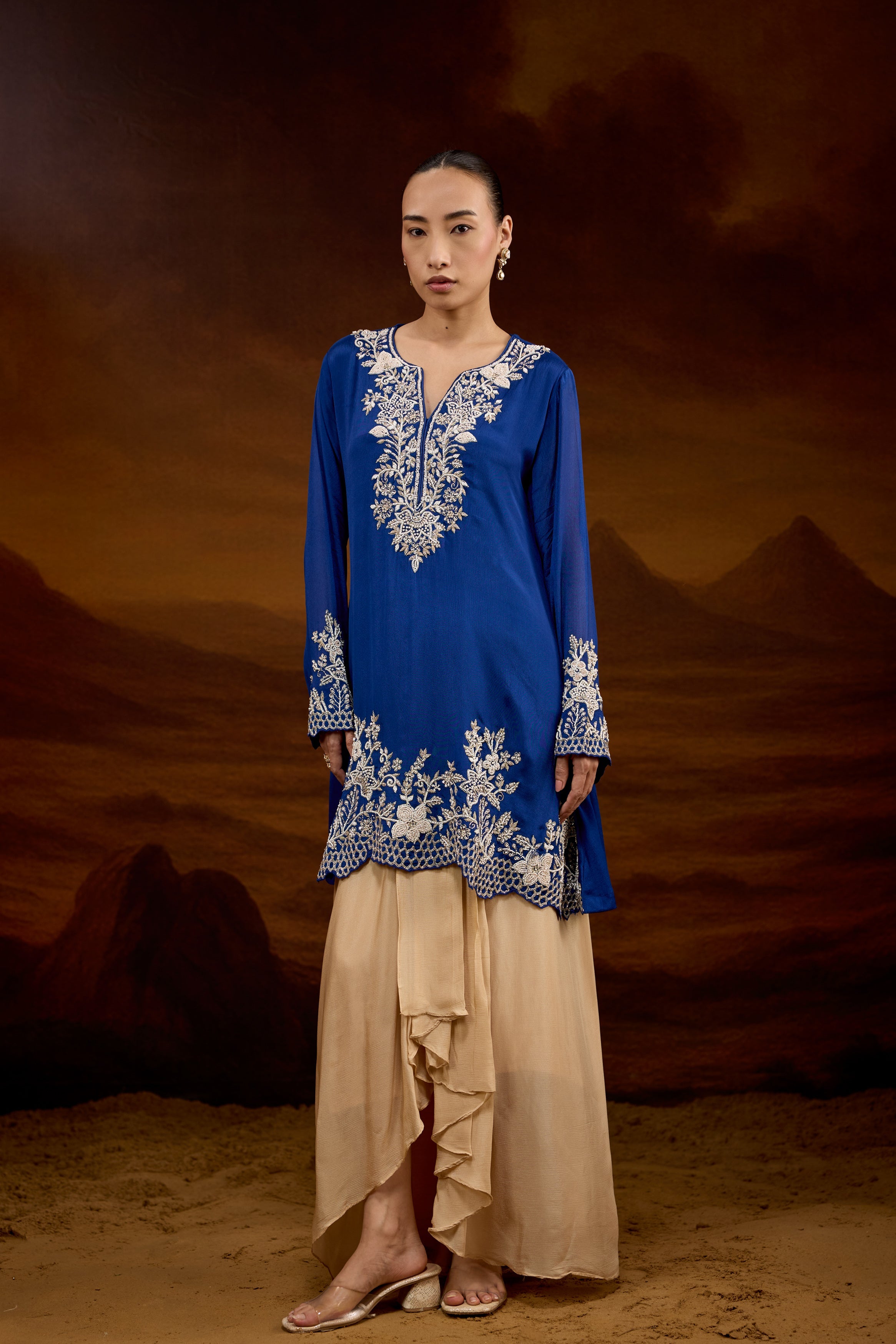 Royal Blue Embellished Chinon Silk Skirt Set
