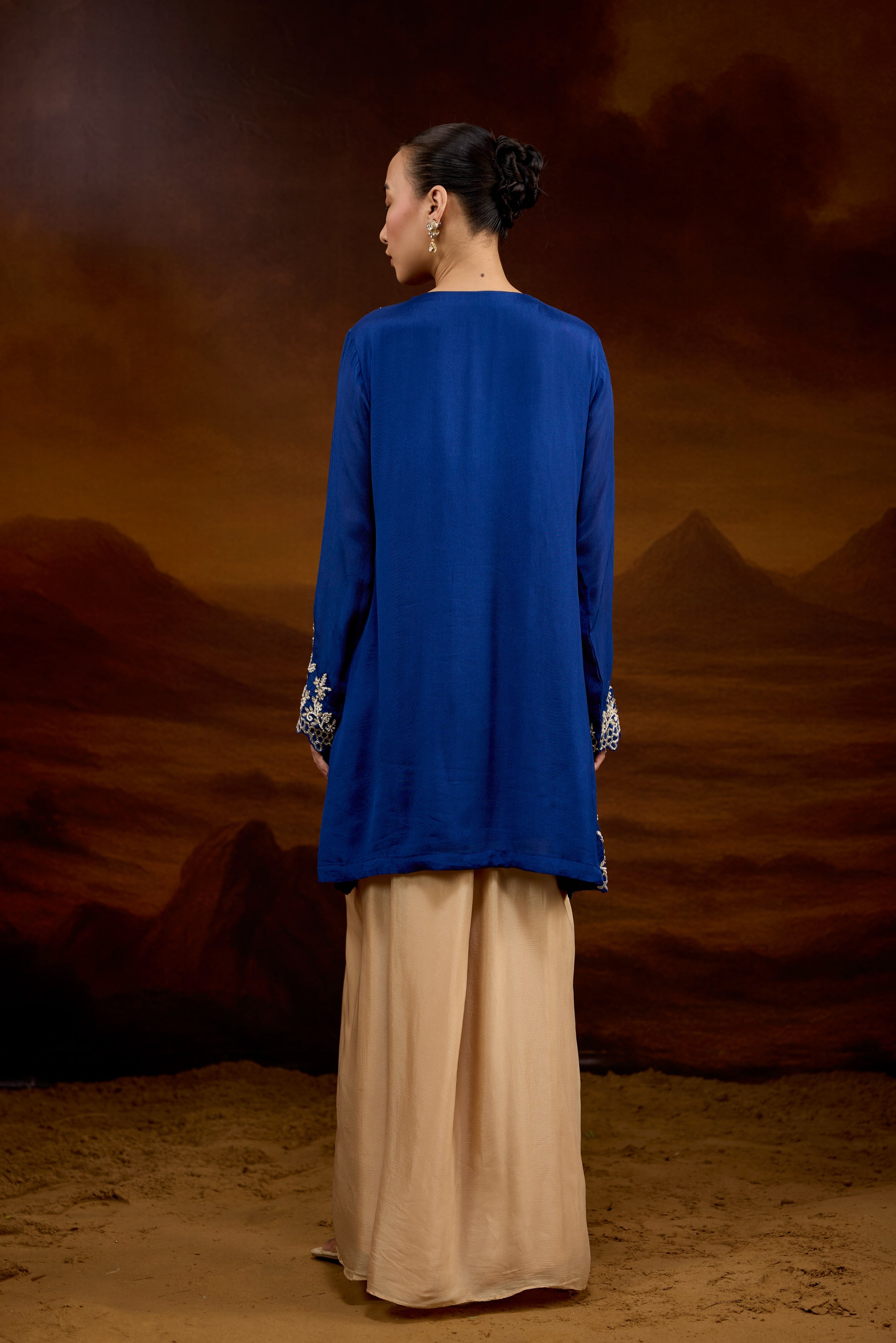 Royal Blue Embellished Chinon Silk Skirt Set