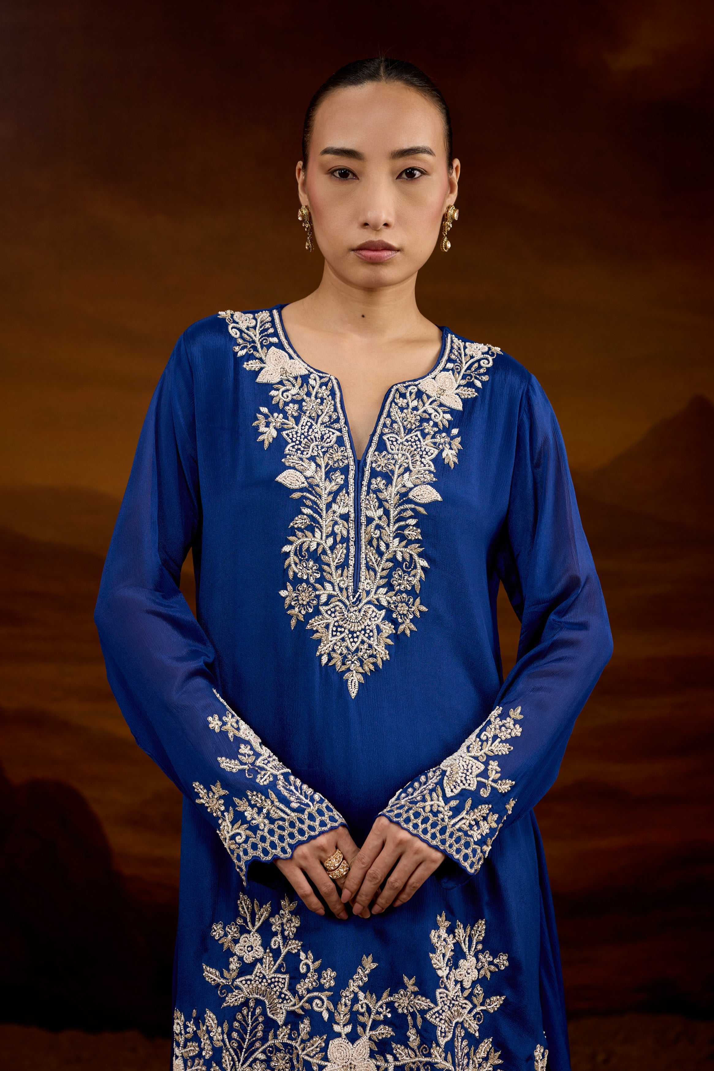 Royal Blue Embellished Chinon Silk Skirt Set