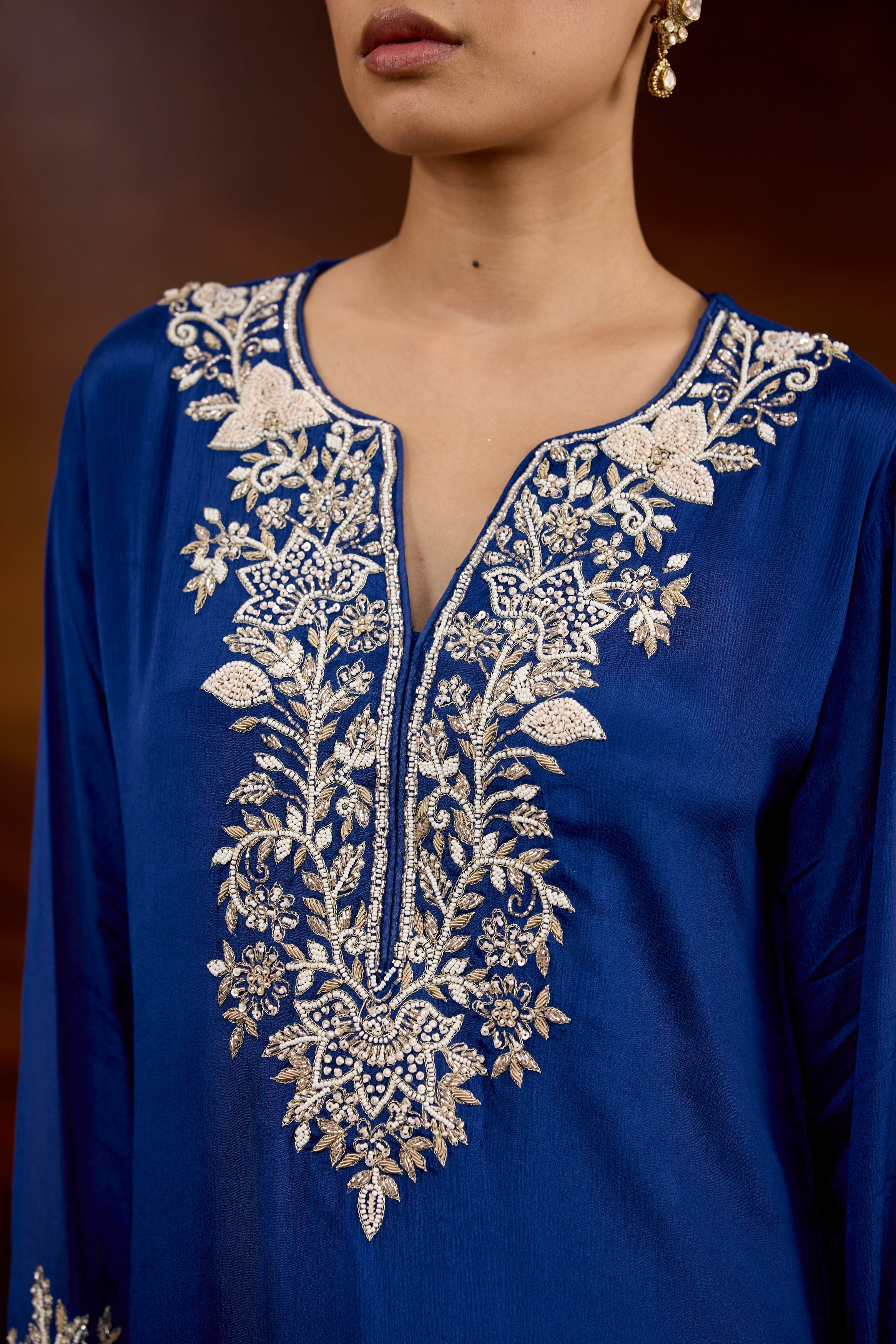 Royal Blue Embellished Chinon Silk Skirt Set