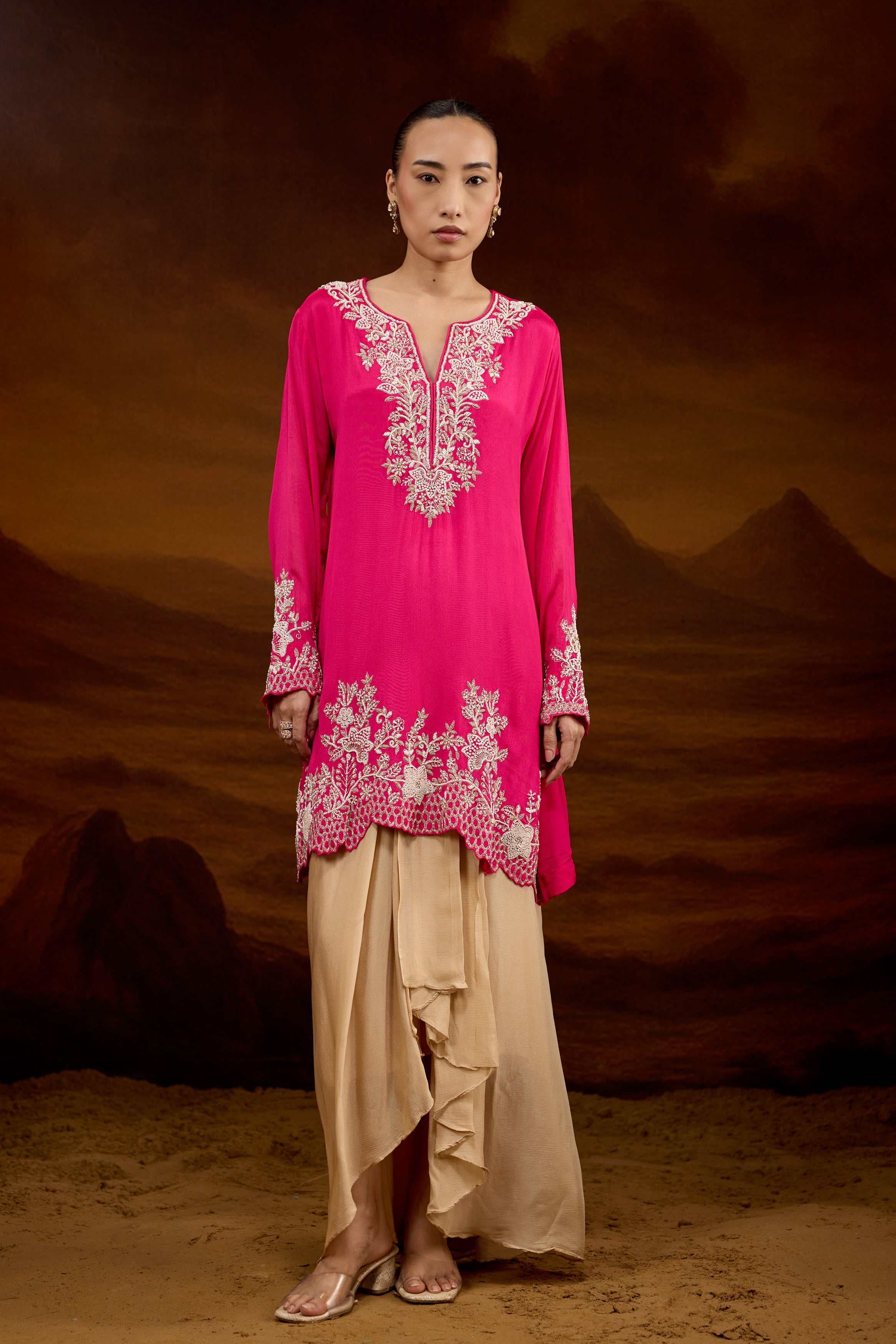 Fuchsia Pink Embellished Chinon Silk Skirt Set