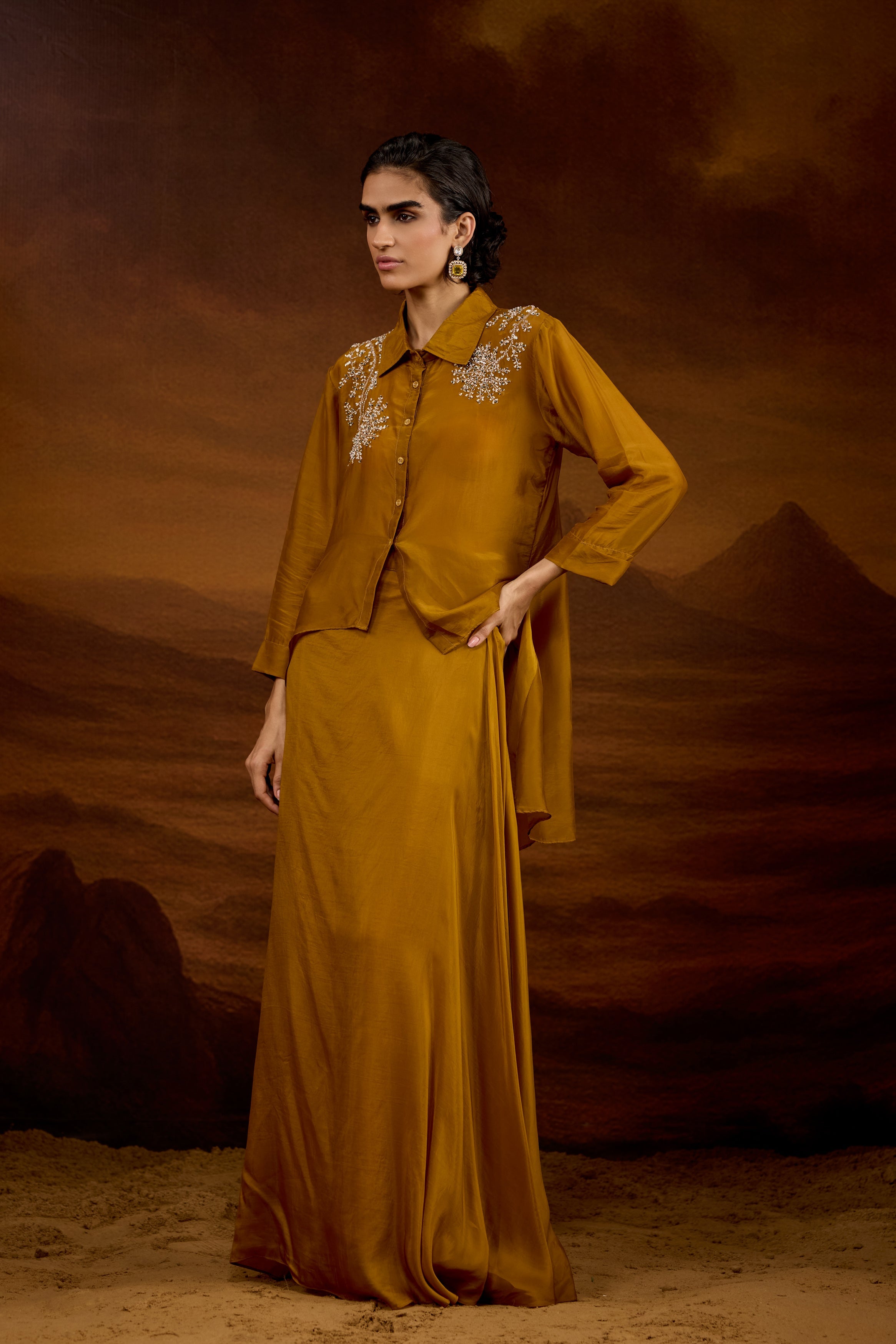 Bronze Gold Embellished Satin Silk Skirt Set