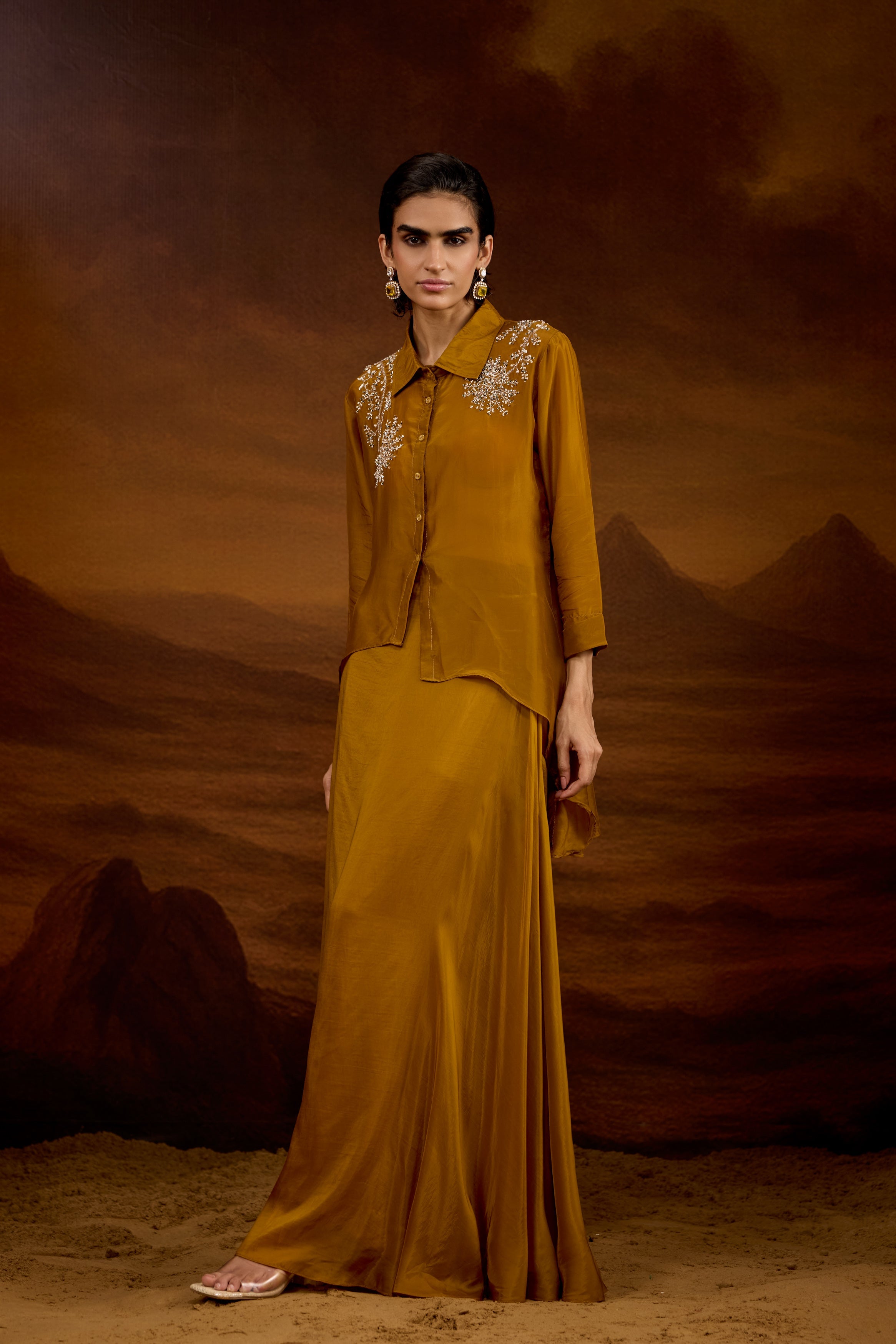 Bronze Gold Embellished Satin Silk Skirt Set