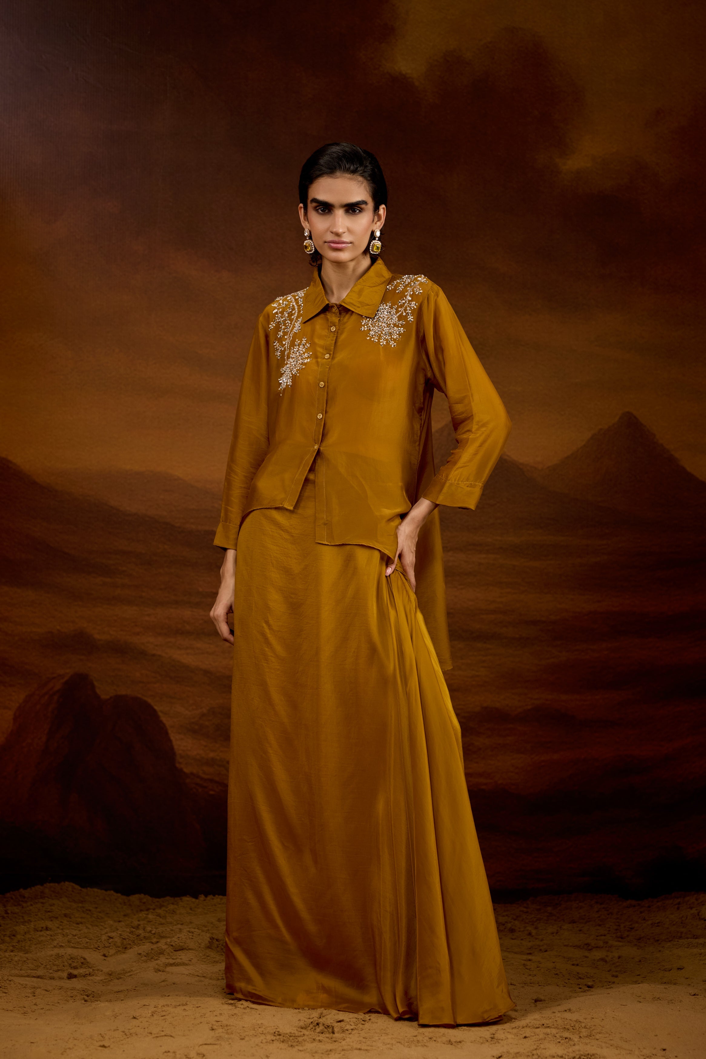 Bronze Gold Embellished Satin Silk Skirt Set