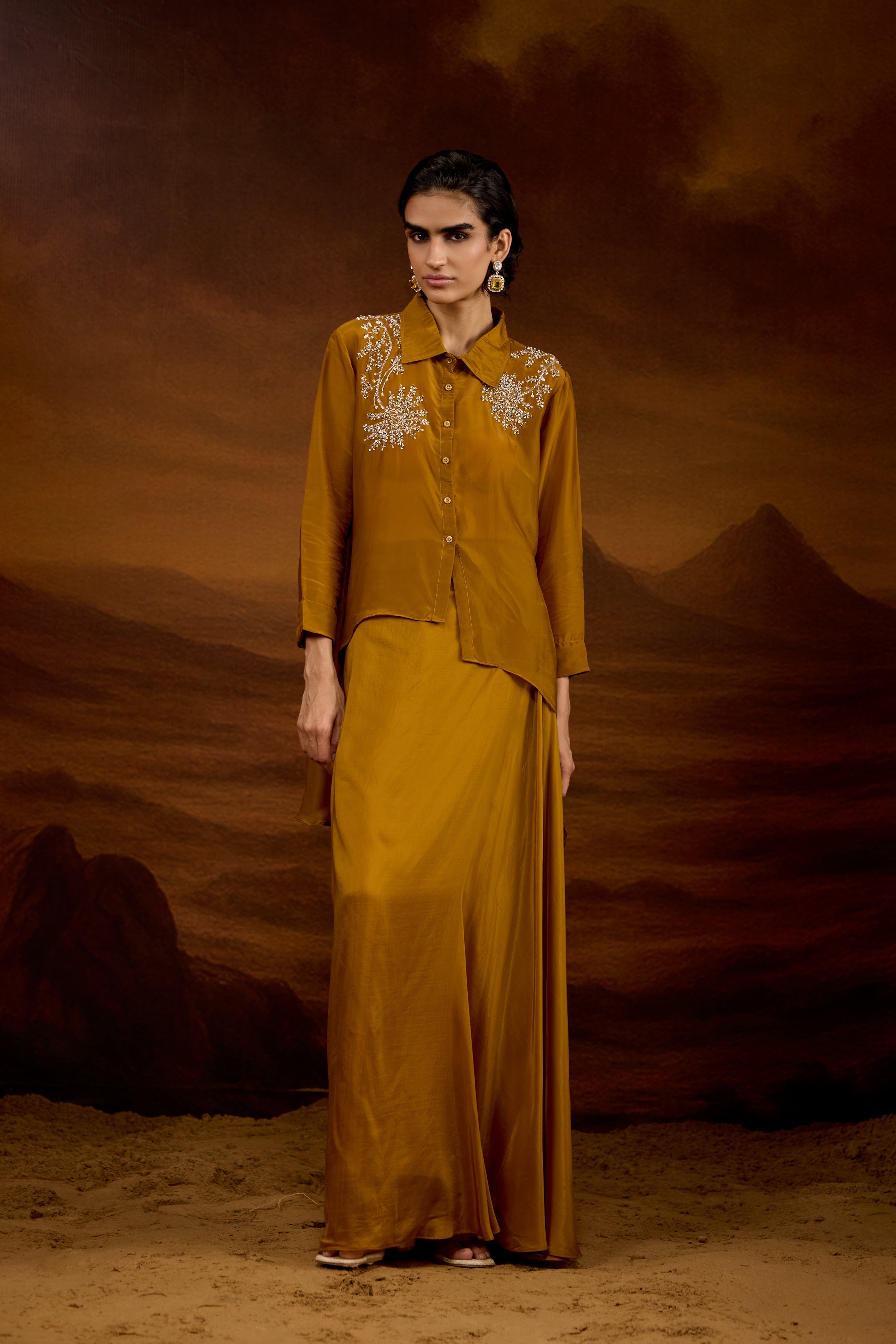 Bronze Gold Embellished Satin Silk Skirt Set