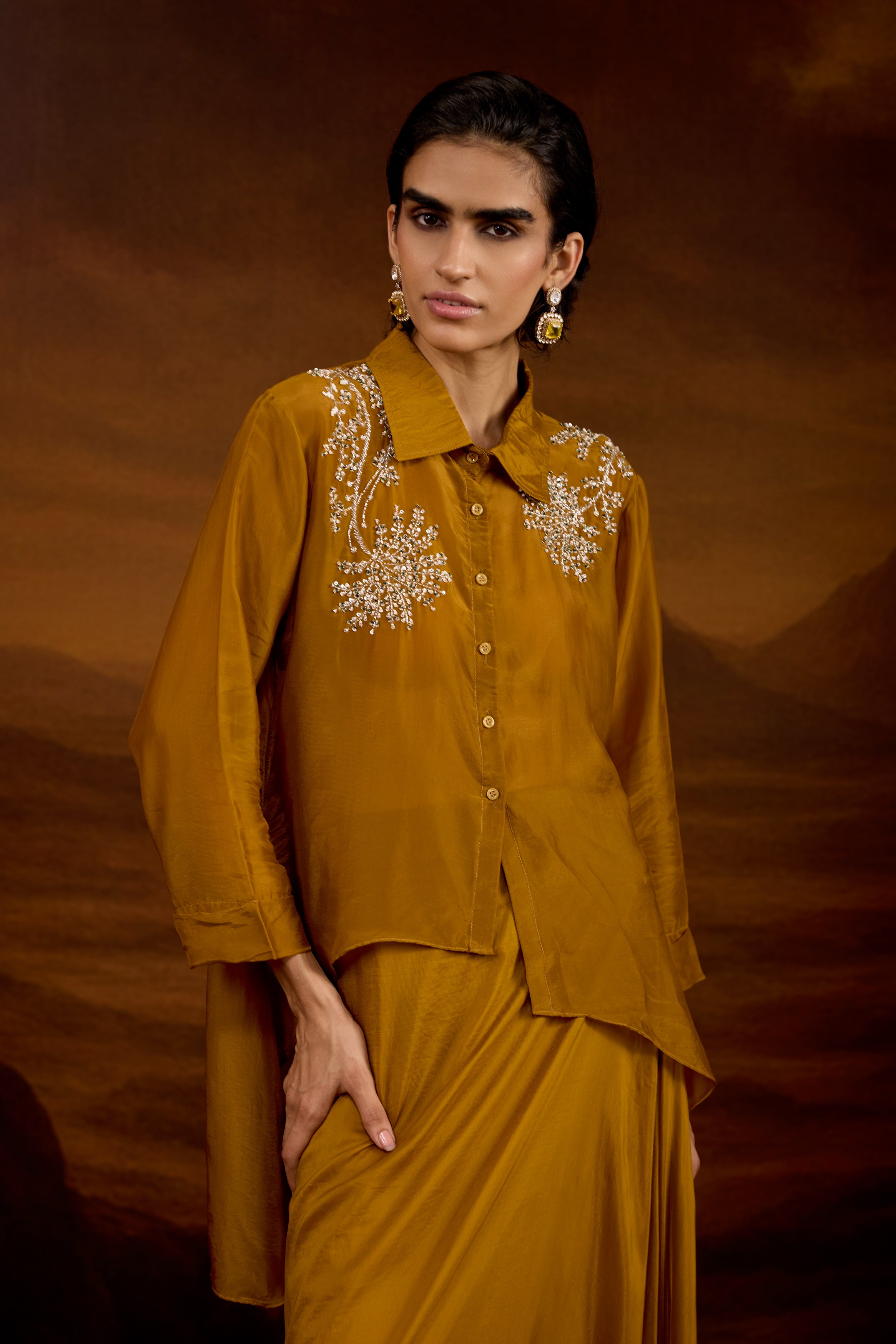 Bronze Gold Embellished Satin Silk Skirt Set