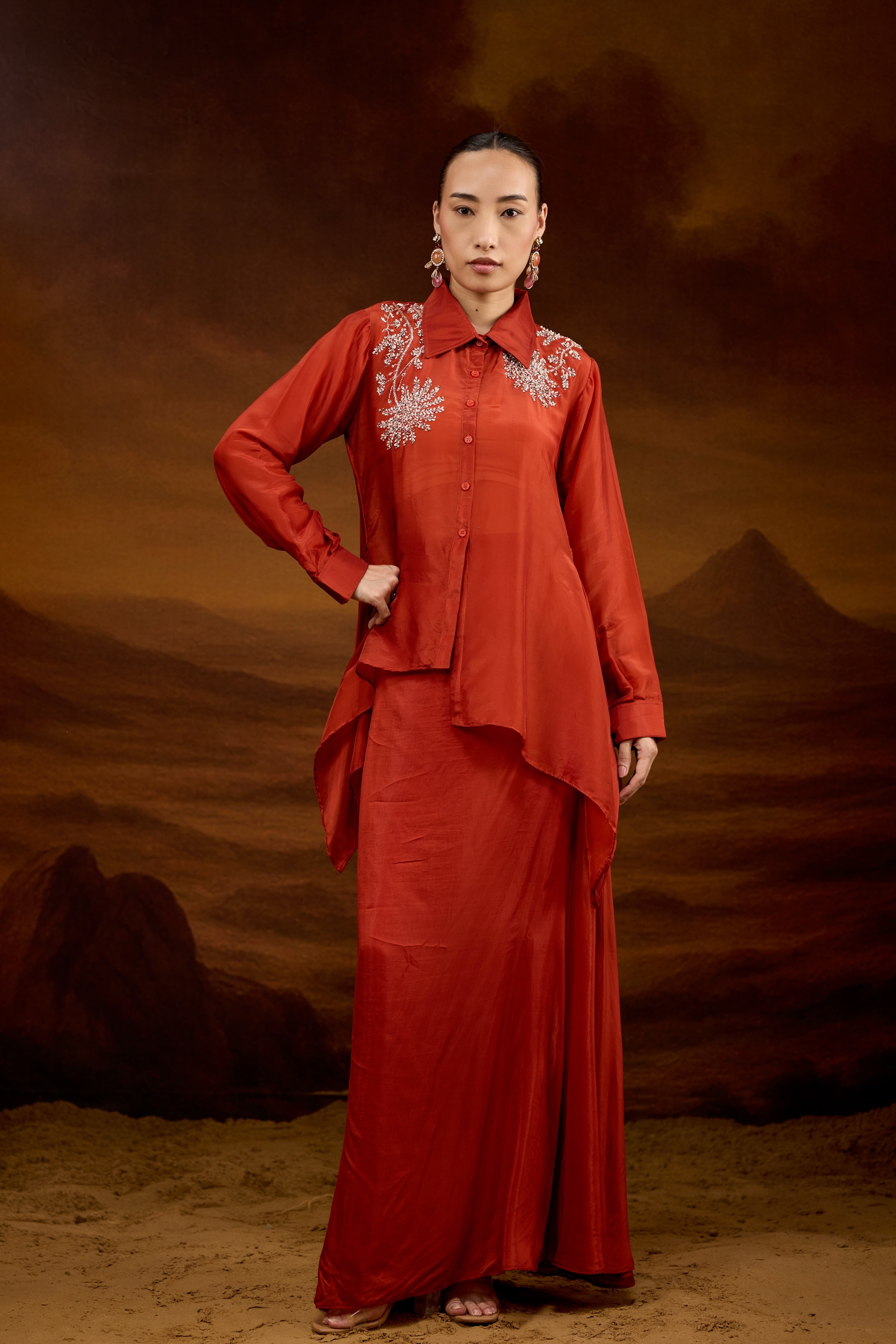 Rust Orange Embellished Satin Silk Skirt Set