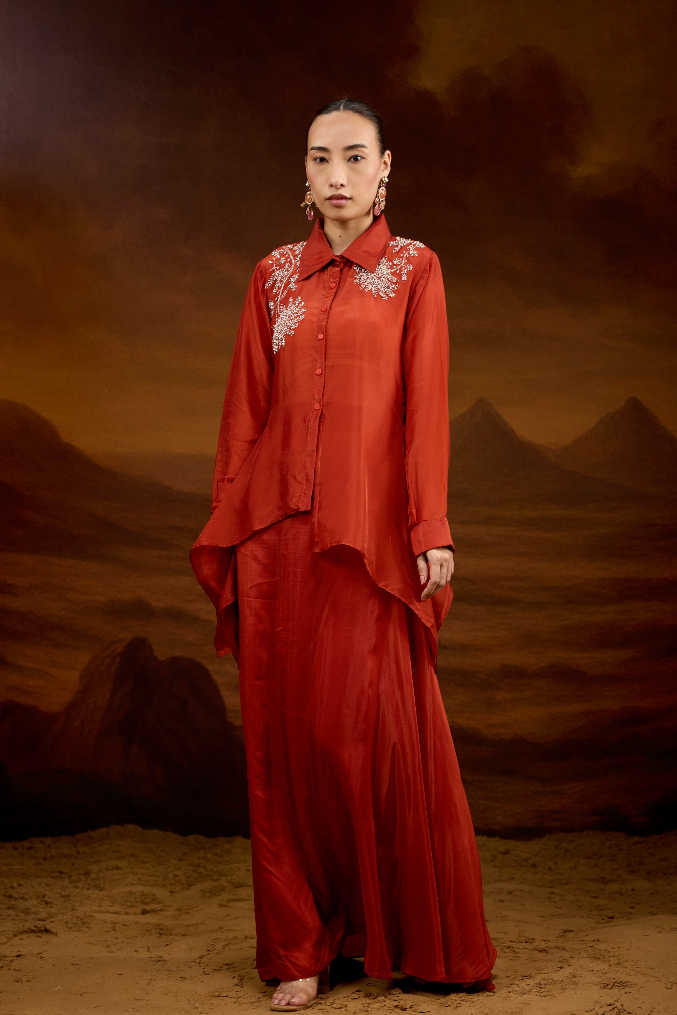 Rust Orange Embellished Satin Silk Skirt Set
