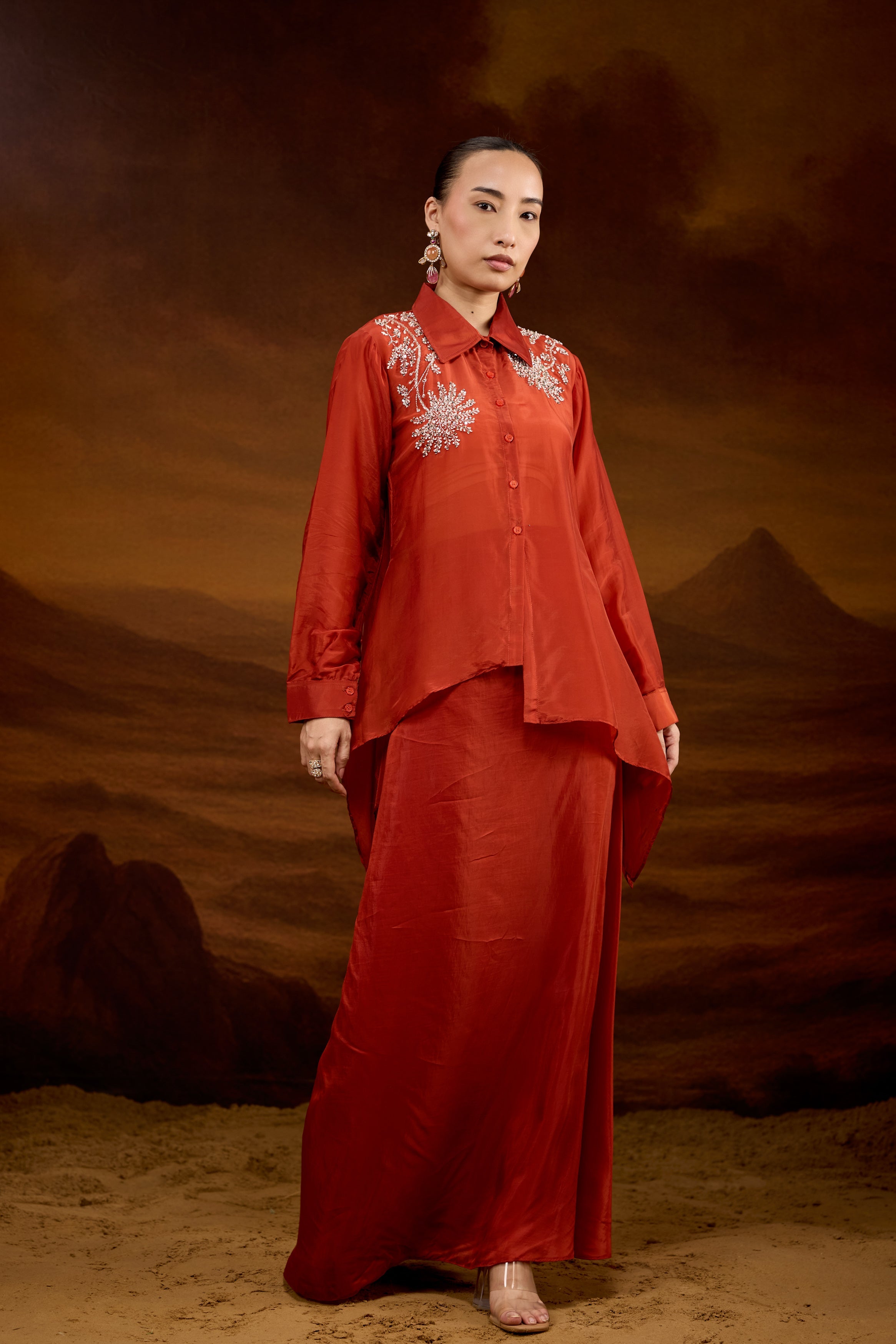 Rust Orange Embellished Satin Silk Skirt Set