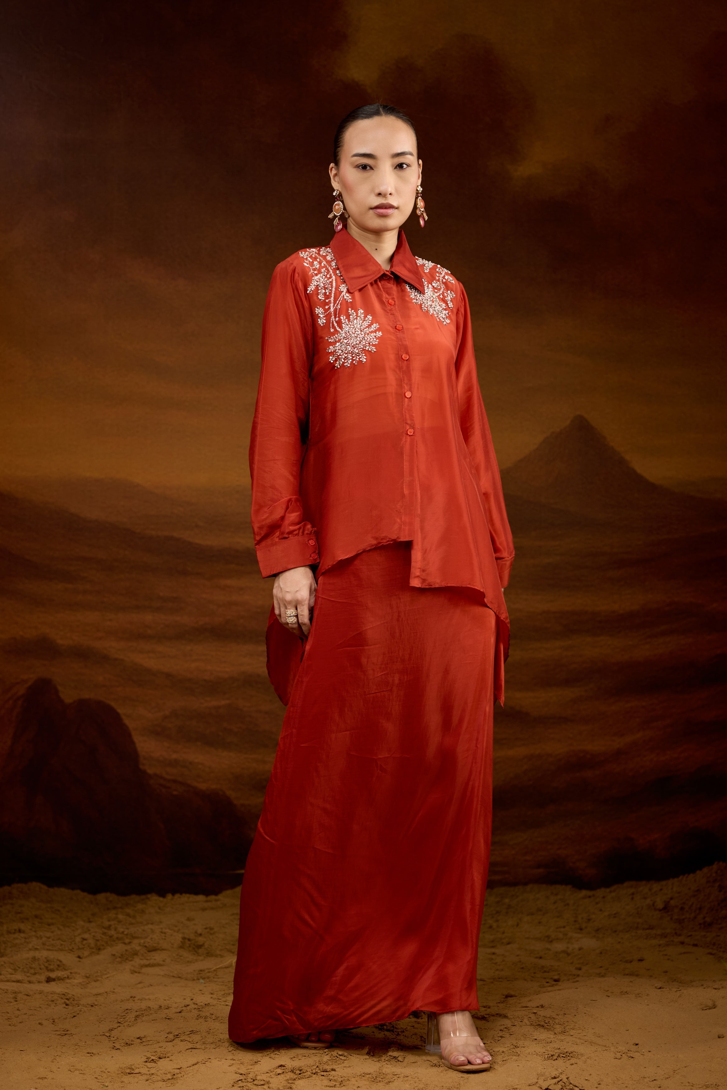 Rust Orange Embellished Satin Silk Skirt Set