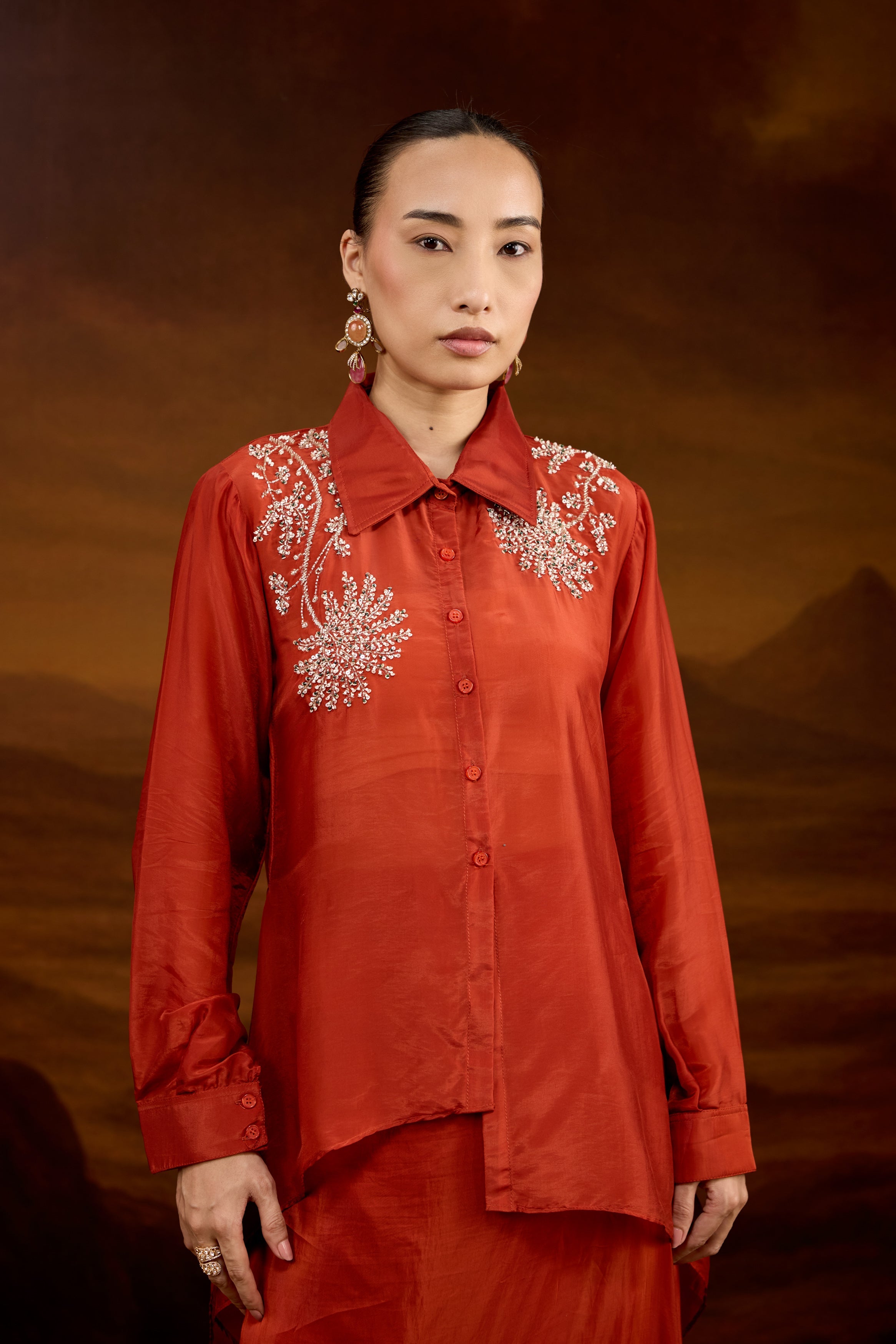 Rust Orange Embellished Satin Silk Skirt Set