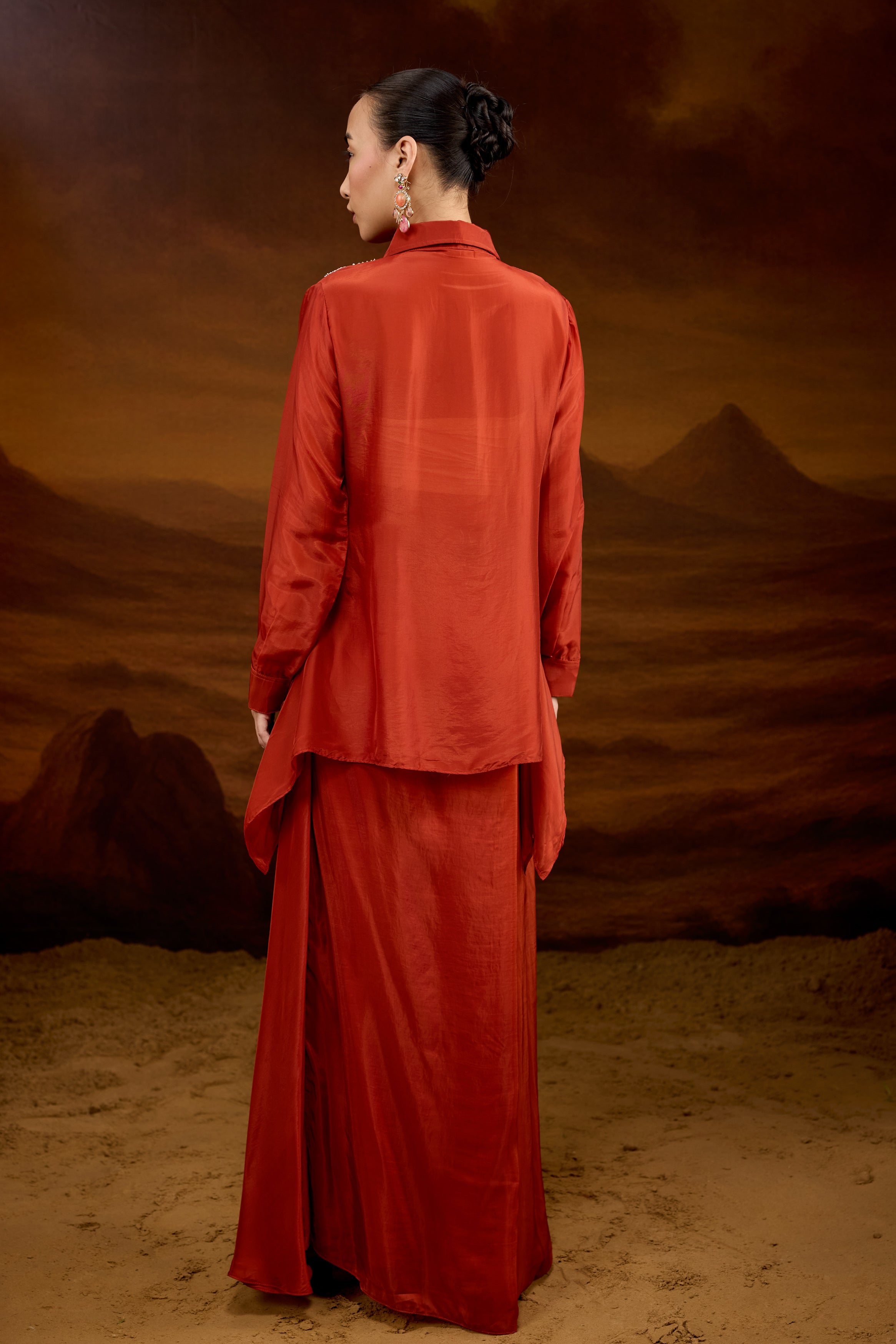 Rust Orange Embellished Satin Silk Skirt Set