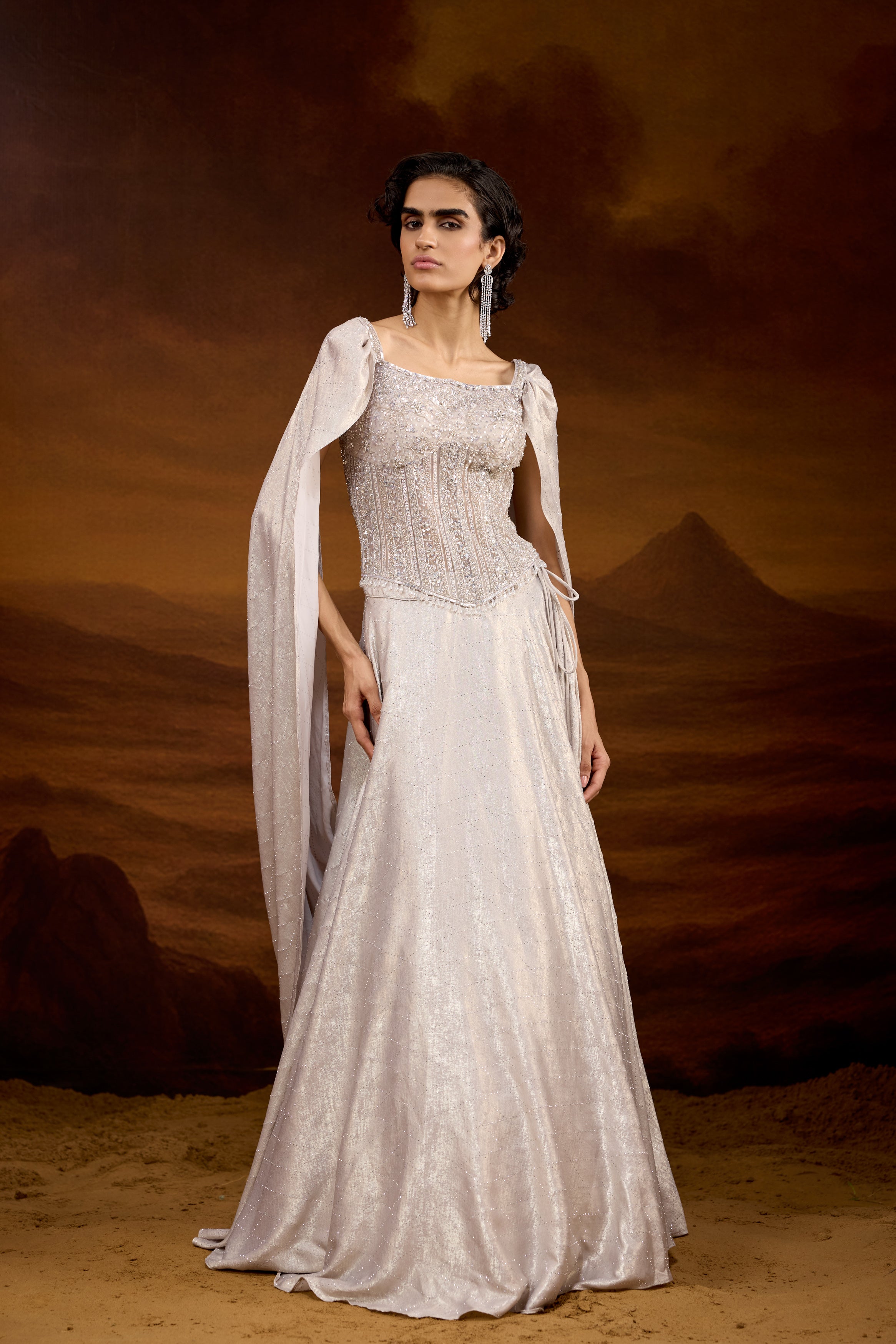 Champagne Silver Embellished Raw Silk Silk Lehenga Set