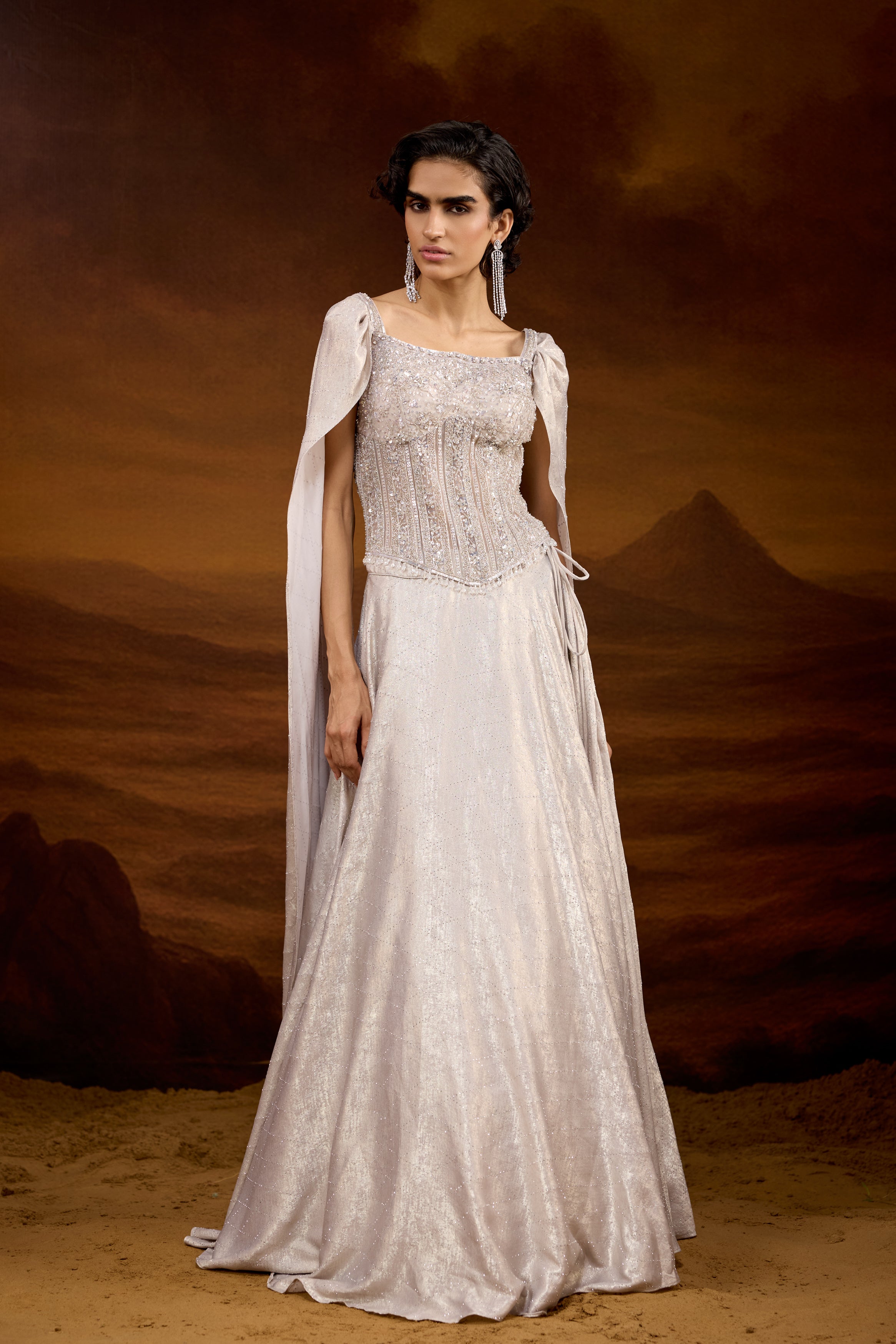Champagne Silver Embellished Raw Silk Silk Lehenga Set
