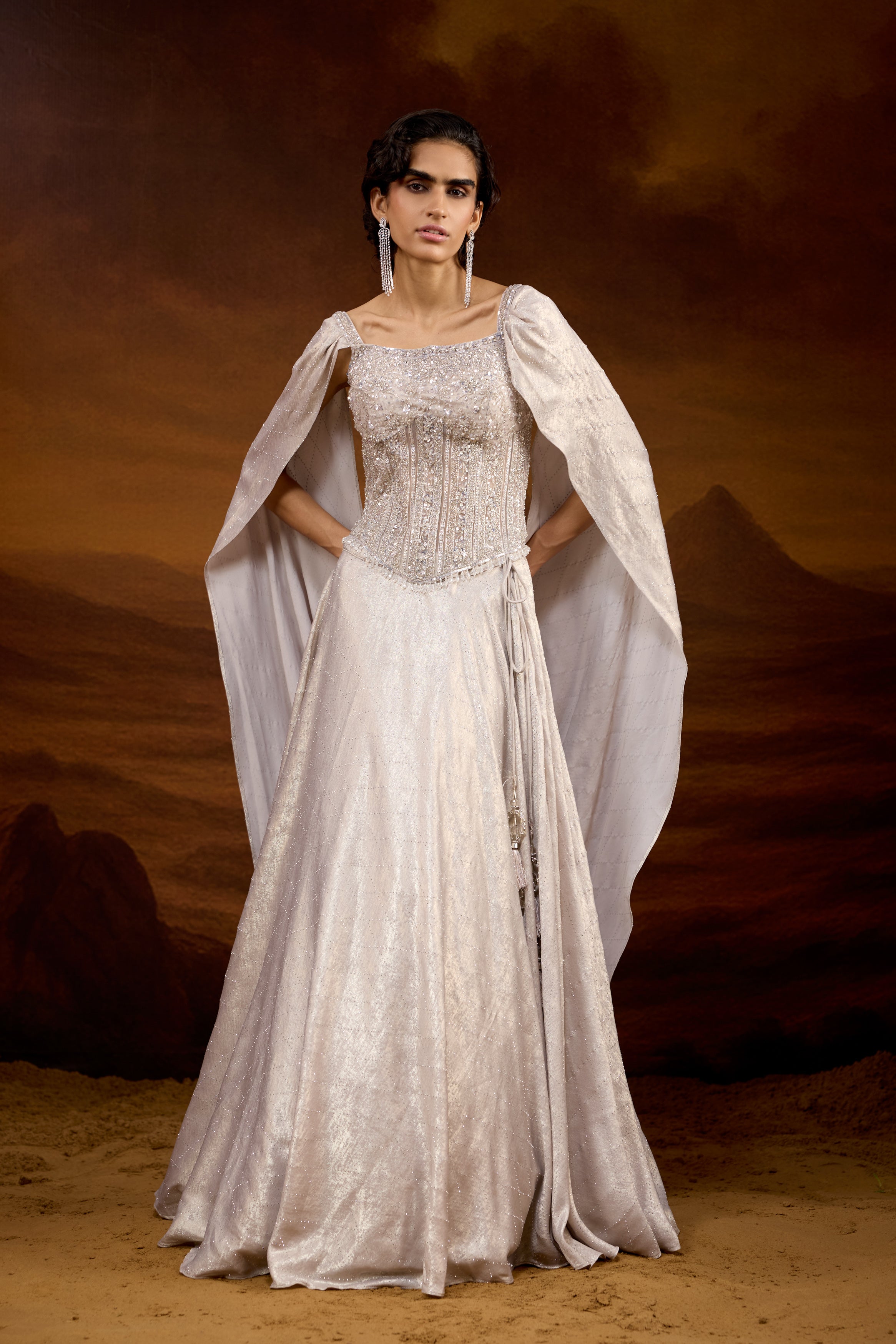 Champagne Silver Embellished Raw Silk Silk Lehenga Set